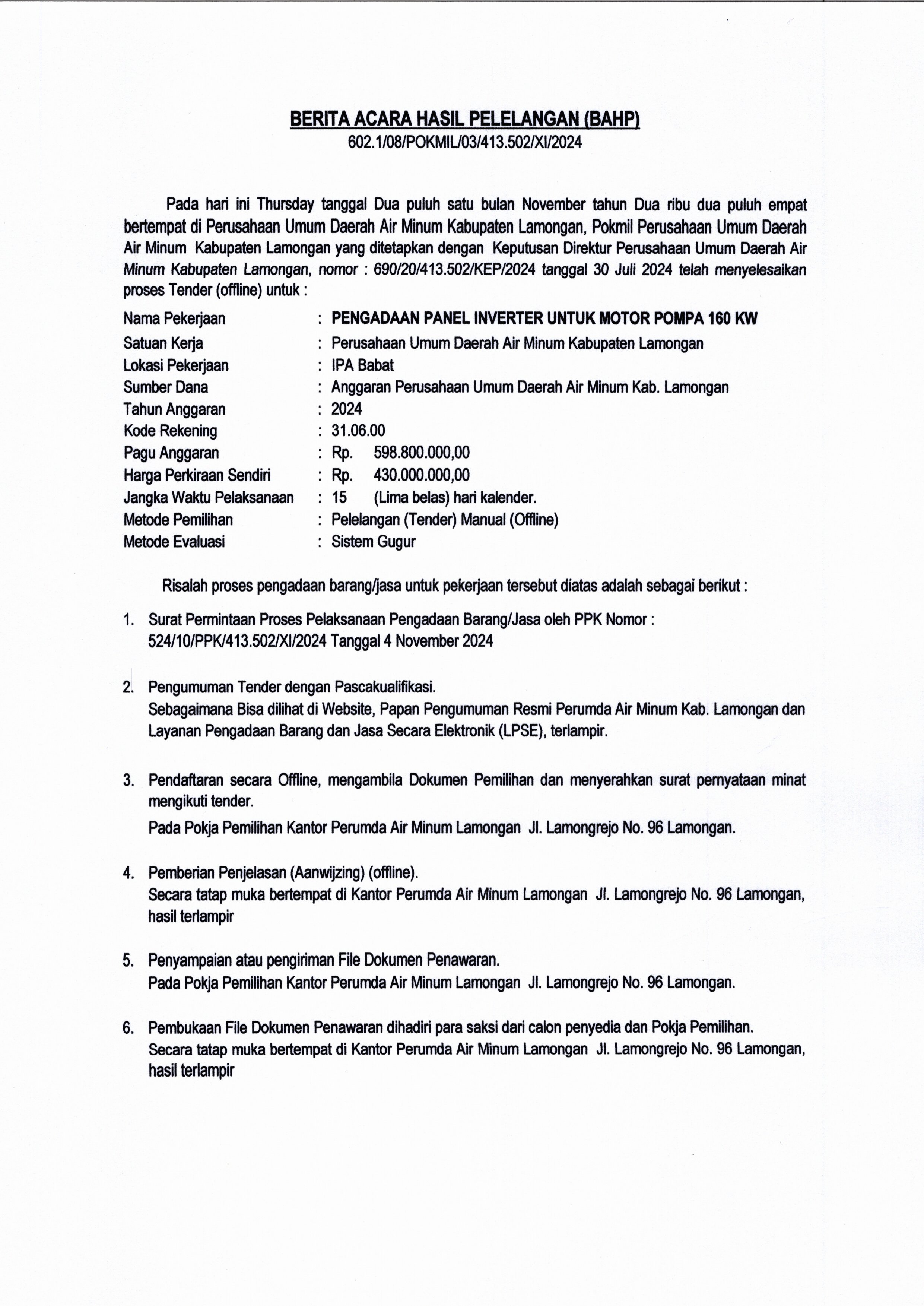 Pengumuman Pemenang Lelang Tender Pengadaan Panel Inverter Untuk Motor Pompa Kw Perusahaan