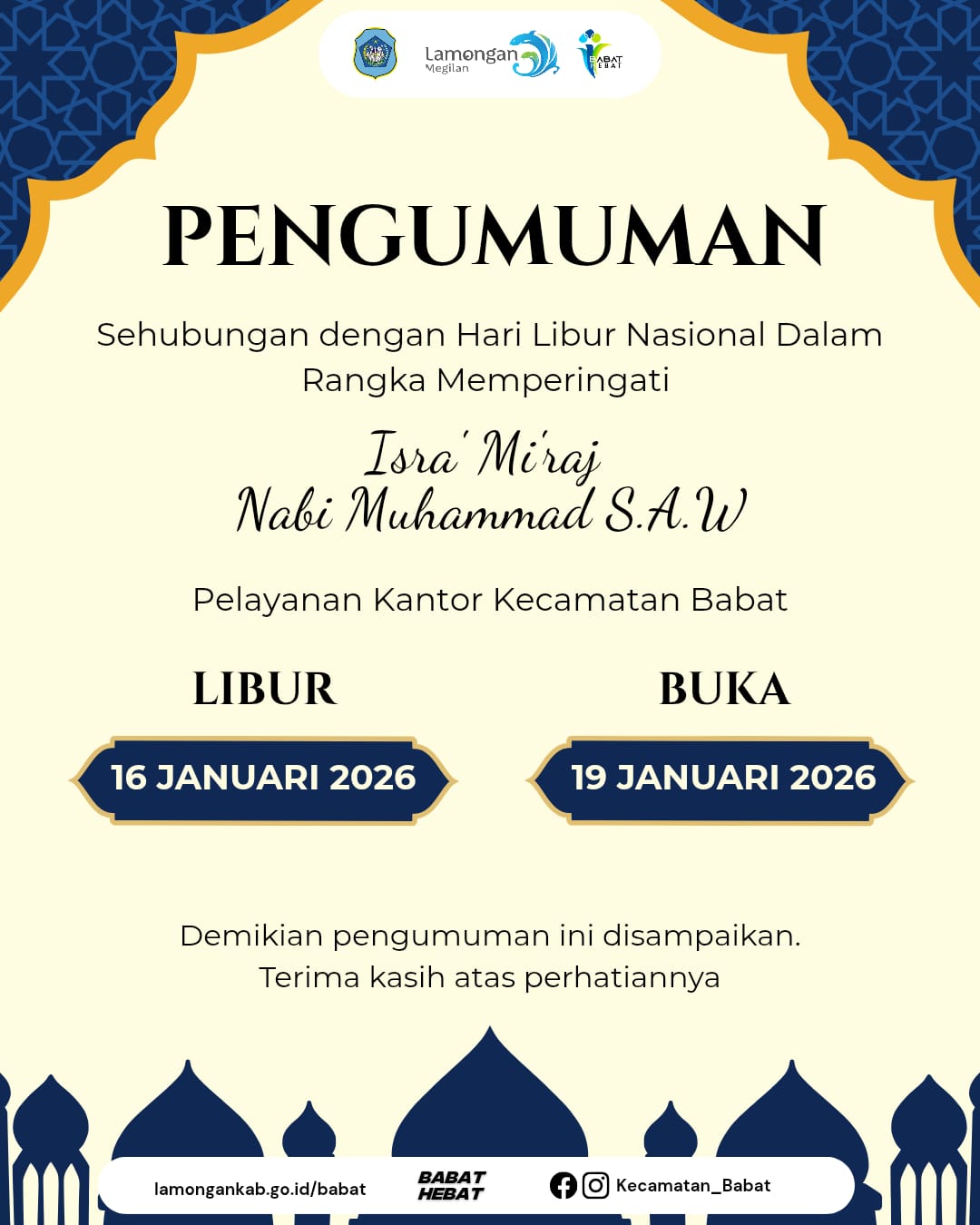 Foto: Pengumuman Pelayanan Kecamatan Babat Dalam Rangka Memperingati Isra' Mi'raj Nabi Muhammad S. A. W