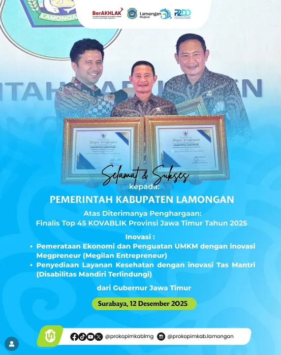 Foto: Bupati Lamongan Yuhronur Efendi pada Jum'at (12/12), menerima Penghargaan Finalis Top 45 KOVABLIK Provinsi Jawa Timur Tahun 2025