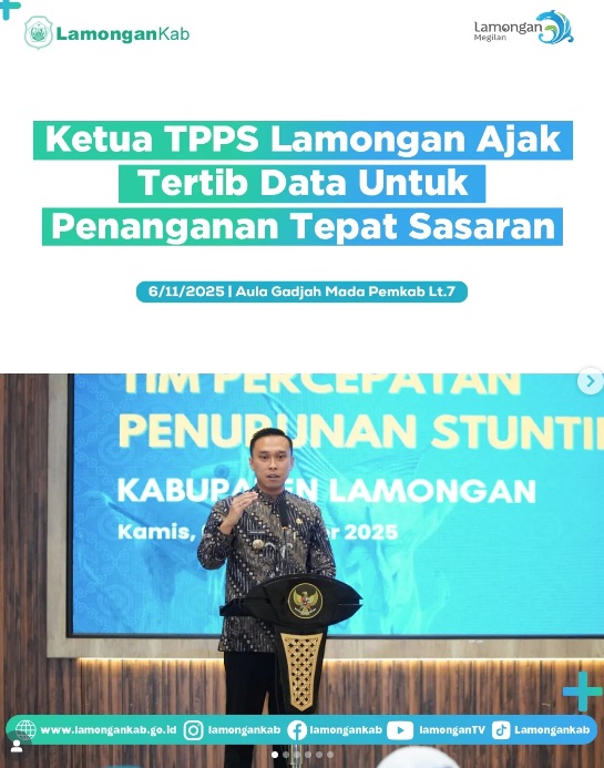 Foto: Ketua Tim Percepatan Penurunan Stunting (TPPS) Kabupaten Lamongan Dirham Akbar Aksara ajak TPPS Kabupaten Lamongan untuk tertib dan aktif memperbarui data. Agar penanganan dan pencegahan stunting di Kota Soto tepat sasaran.