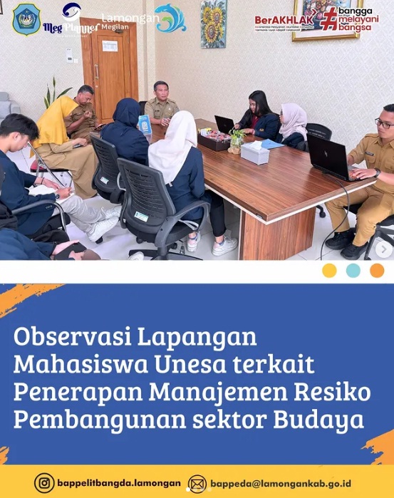 Foto: Observasi Mahasiswa Universitas Negeri Surabaya (UNESA) lapangan terkait Manajemen Risiko Sektor Budaya di Badan Perencanaan Pembangunan, Penelitian, dan Pengembangan Daerah (Bappelitbangda) Kabupaten Lamongan.