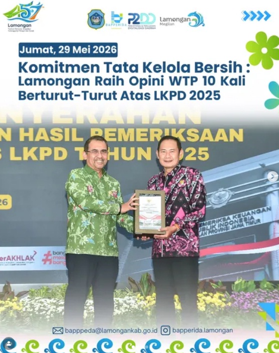 Foto: Kabupaten Lamongan berhasil meraih opini Wajar Tanpa Pengecualian (WTP) dari BPK RI atas Laporan Keuangan Pemerintah Daerah (LKPD) TA 2025.