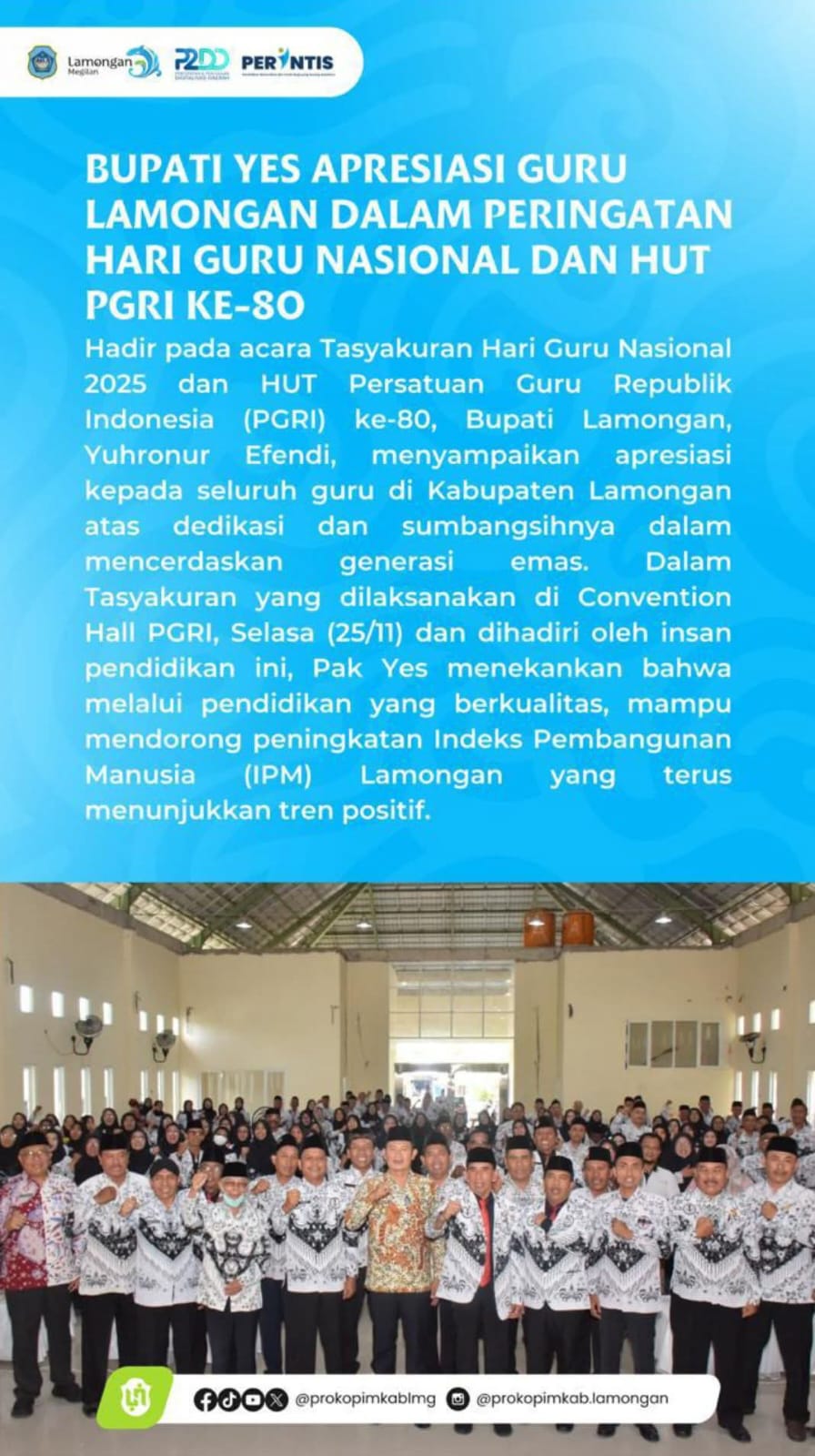 Foto: BUPATI YES MEMBERIKAN APRESIASI, DI PERINGATAN HARI GURU NASIONAL DAN HUT PGRI KE-80