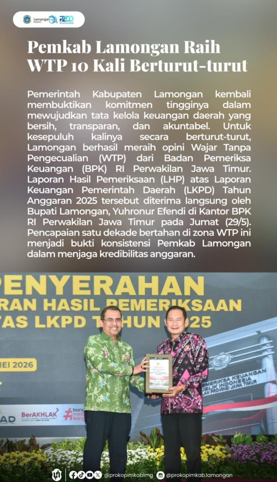 Foto: PEMKAB LAMONGAN RAIH WTP 10 KALI BERTURUT-TURUT