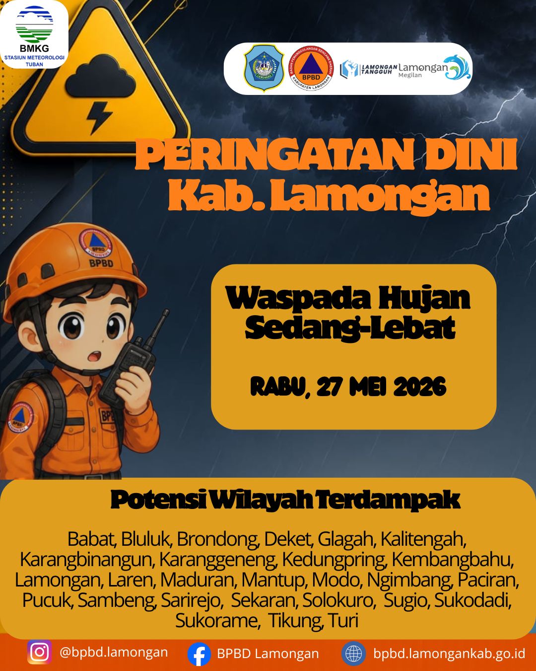 Foto: PERINGATAN DINI WASPADA HUJAN SEDANG LEBAT, BPBD LAMONGAN
