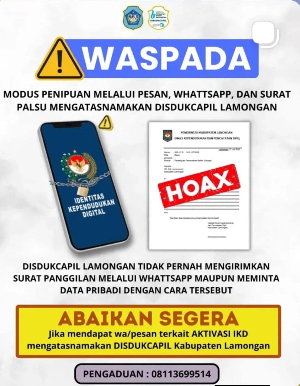 Foto: WASPADA PENIPUAN SURAT PANGGILAN WHATSHAP, DISDUKCAPIL