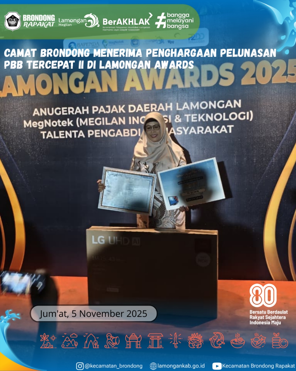 Foto: CAMAT BRONDONG RAIH PENGHARGAAN PELUNASAN PBB TERCEPAT NOMOR 2 DI LAMONGAN AWARDS