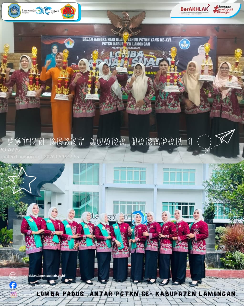 Foto: Selamat dan sukses untuk tim Paduan Suara PGTK Kecamatan Deket atas raihan Juara Harapan 1 Kabupaten Lamongan 🎶🏆