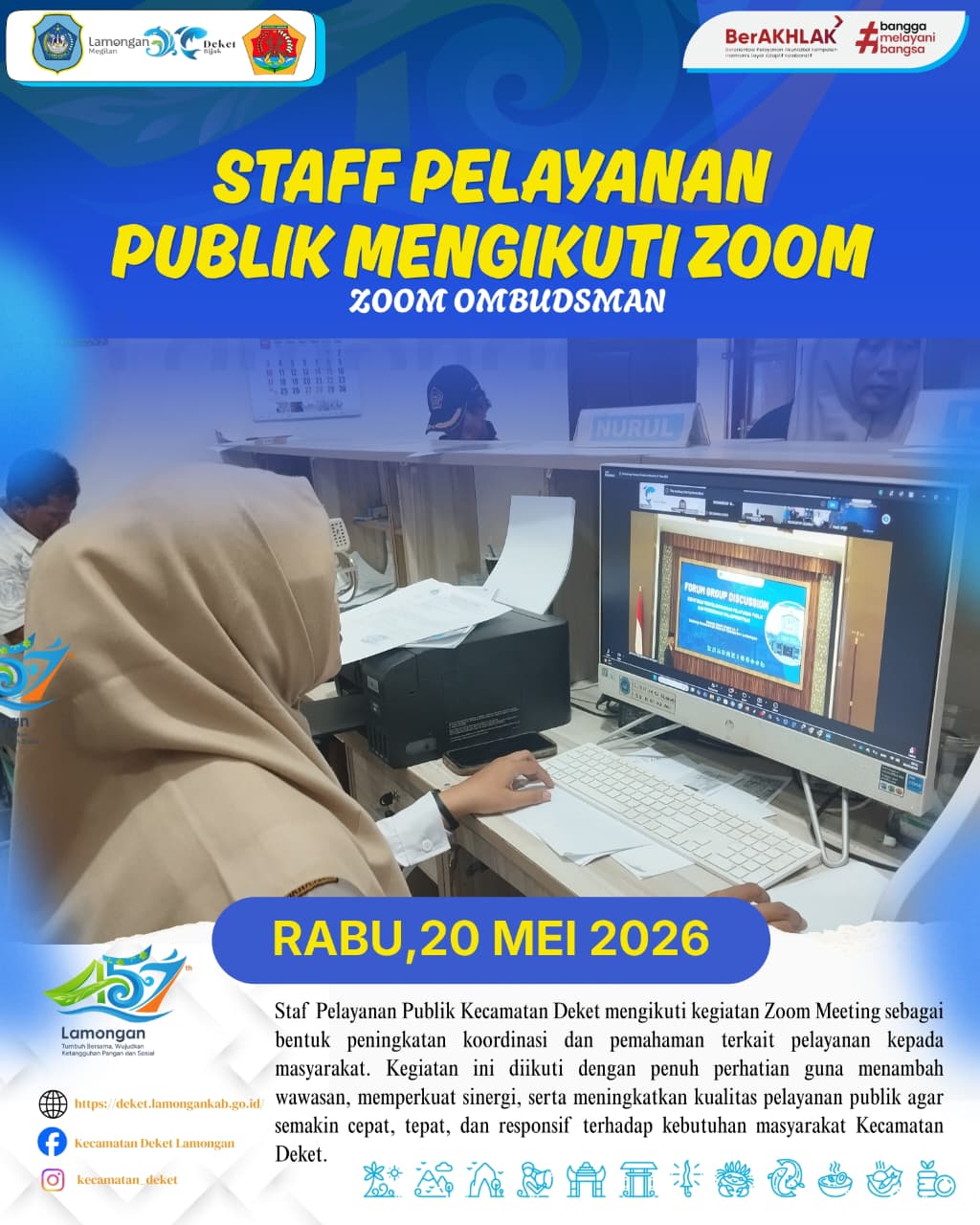 Foto: STAFF PELAYANAN PUBLIK KECAMATAN DEKET MENGIKUTI KEGIATAN ZOOM MEETING BERSAMA OMBUDSMAN