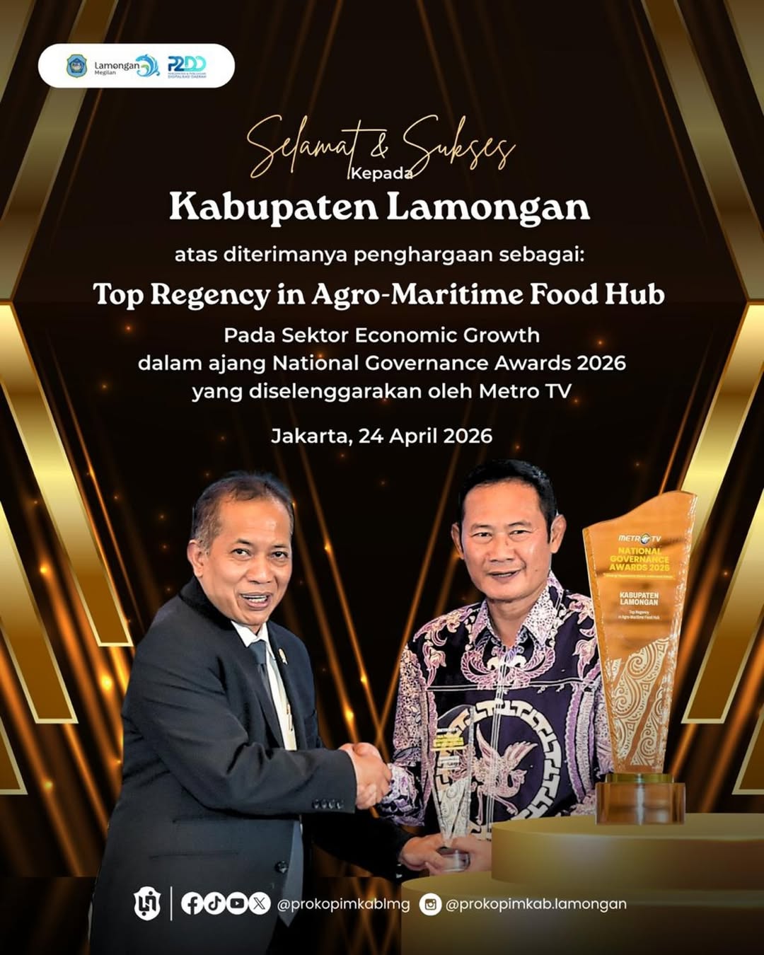 RAIH PENGHARGAAN TINGKAT NASIONAL, LAMONGAN JADI TOP REGENCY IN AGRO-MARITIME FOOD HUB 2026