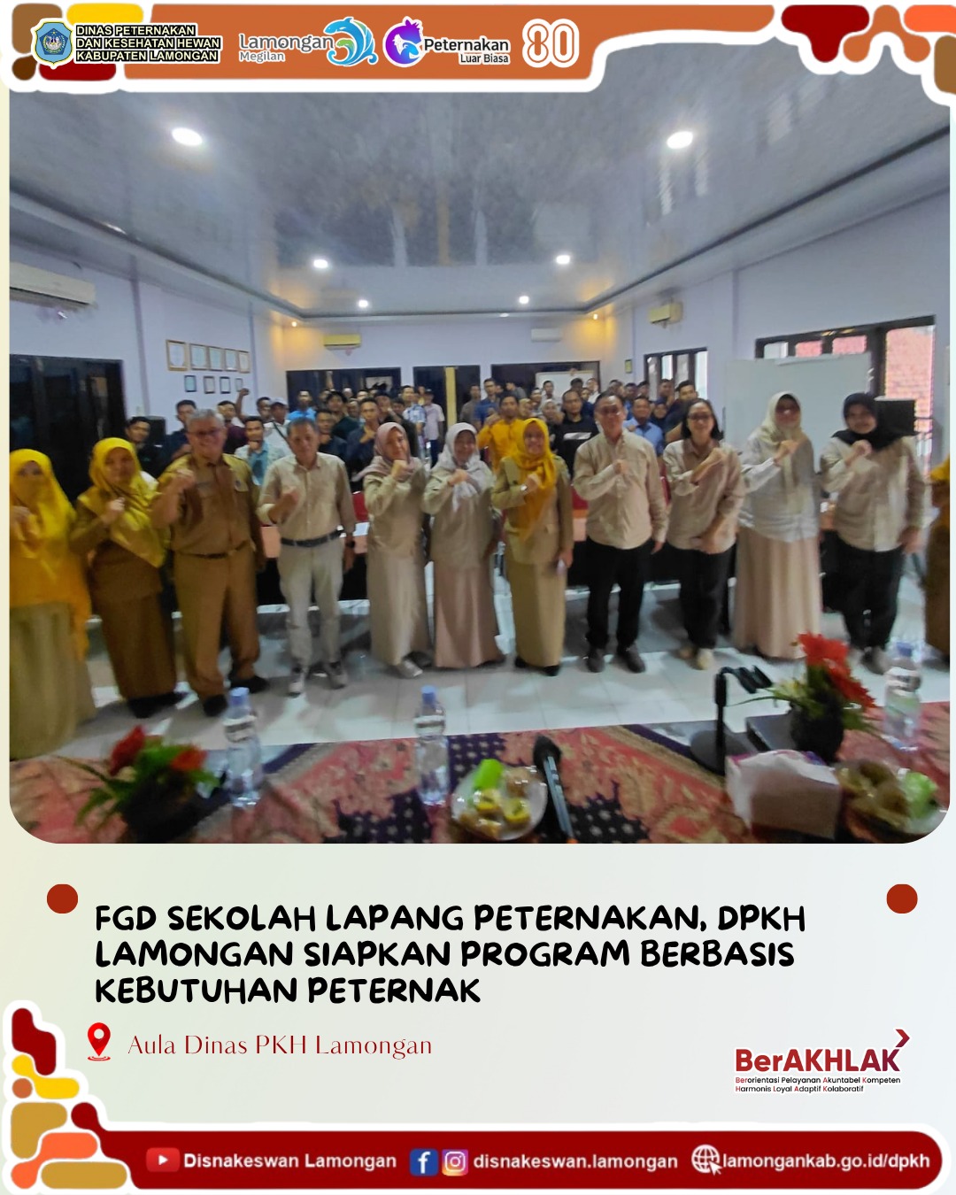 Foto: Dinas Peternakan dan Kesehatan Hewan Kabupaten Lamongan melalui Bidang PPHP telah melaksanakan kegiatan Focus Group Discussion (FGD) Sekolah Lapang Peternakan pada Senin, 4 Mei 2026 di Aula DPKH.