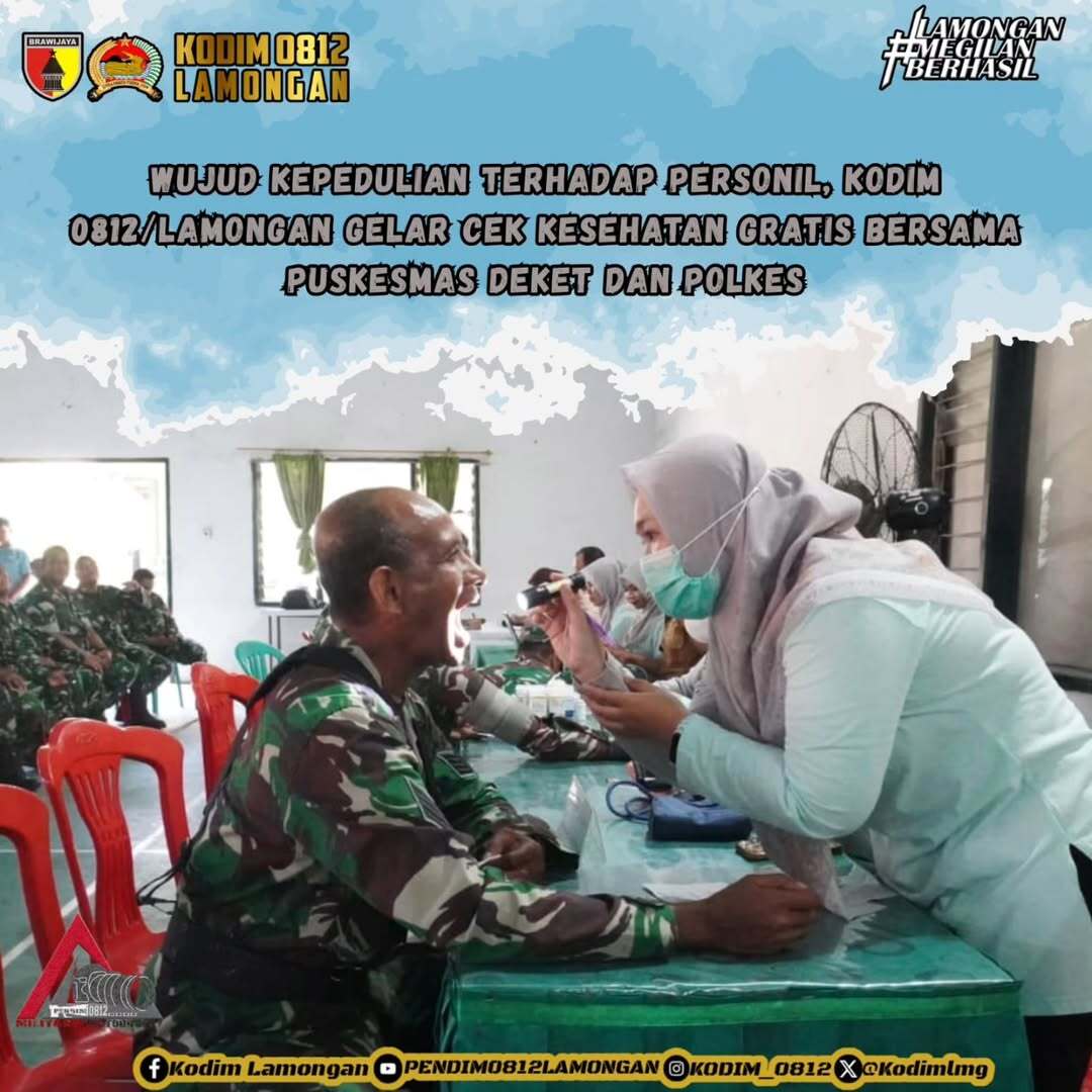 Foto: Wujud Kepedulian Terhadap Personil,Kodim 0812/Lamongan Gelar Cek Kesehatan Gratis Bersama Puskesmas Deket Dan Polkes.