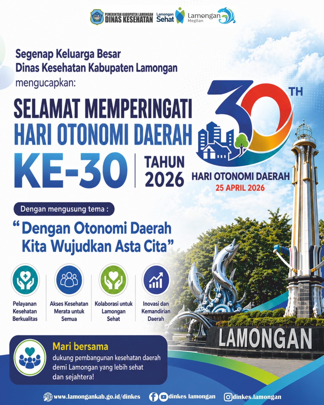 Foto: Segenap Keluarga Besar Dinas Kesehatan Kabupaten Lamongan mengucapkan: Selamat Memperingati Hari Otonomi Daerah ke-30 Tahun 2026.