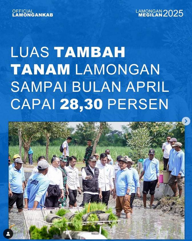 Luas tambah tanam (LTT) Kabupaten Lamongan tahun 2025 hingga bulan April mencapai 28,30 persen.