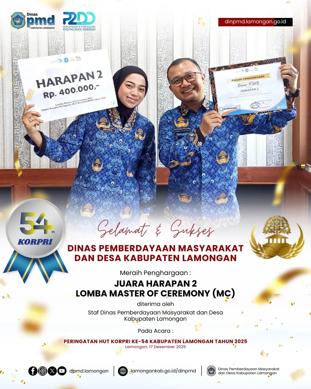Foto: SELAMAT DAN SUKSES KEPADA STAF DINAS PMD KABUPATEN LAMONGAN ATAS DITERIMANYA PENGHARGAAN SEBAGAI JUARA HARAPAN 2 PADA LOMBA MASTER OF CEREMONY (MC) PERINGATAN HUT KORPRI KE-54 KABUPATEN LAMONGAN TAHUN 2025