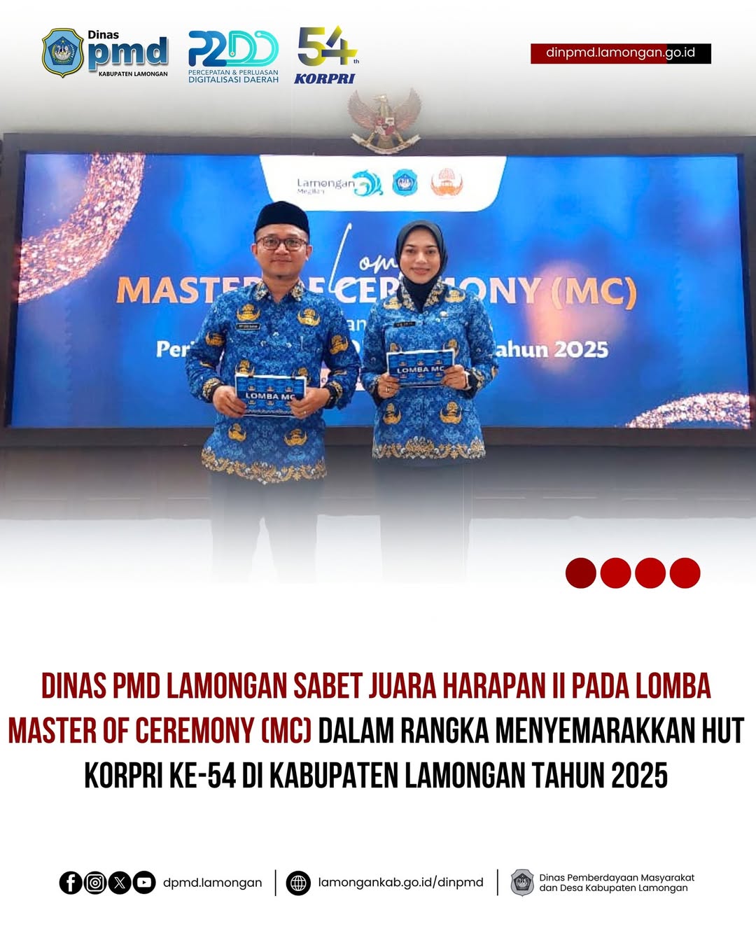 DINAS PMD LAMONGAN SABET JUARA HARAPAN II PADA LOMBA MASTER OF CEREMONY (MC) DALAM RANGKA MENYEMA...