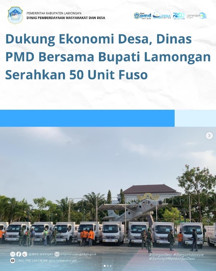 Foto: DUKUNG EKONOMI DESA, DINAS PMD BERSAMA BUPATI LAMONGAN SERAHKAN 50 UNIT FUSO