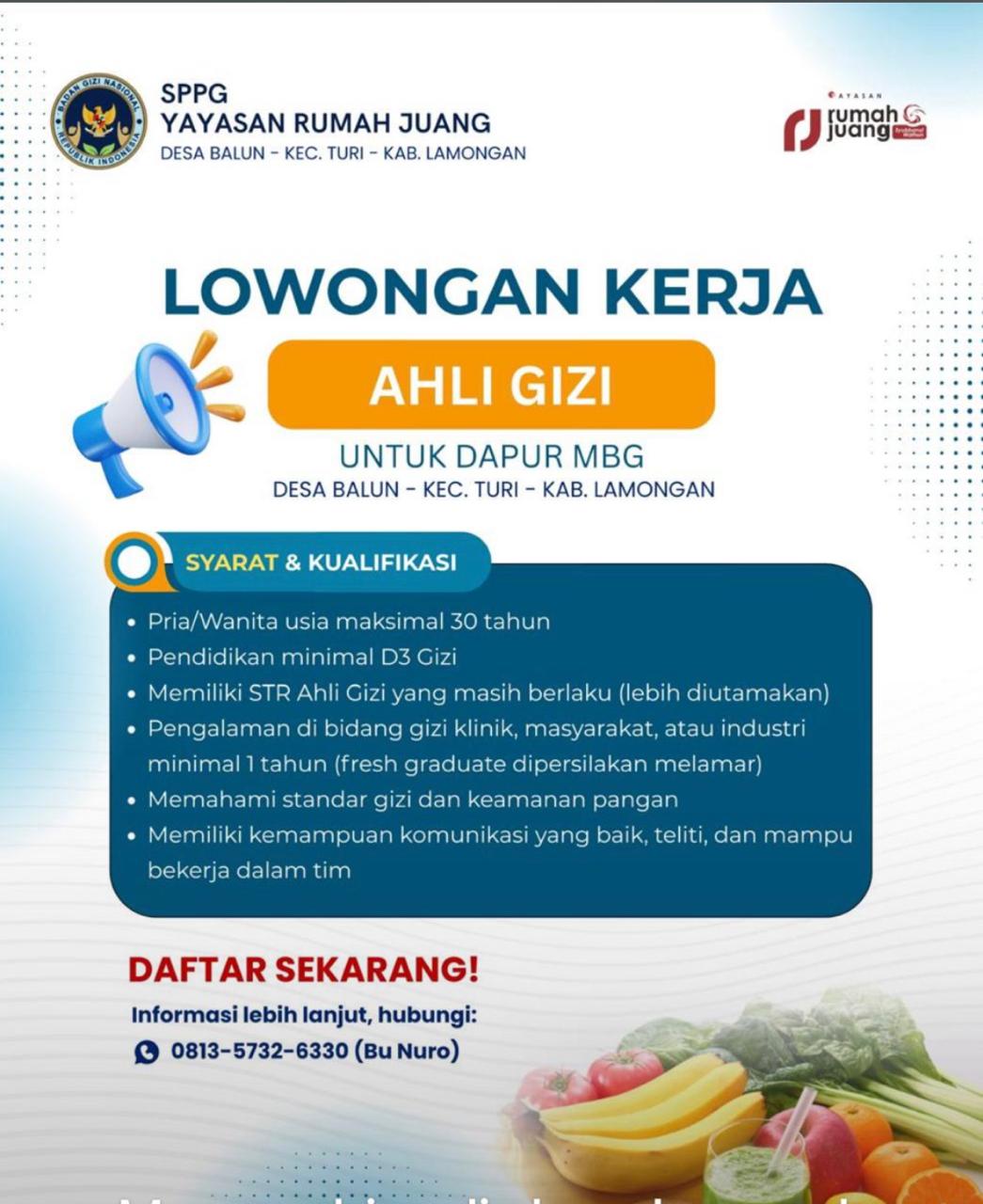 Foto: LOKER SPPG YAYASAN RUMAH JUANG