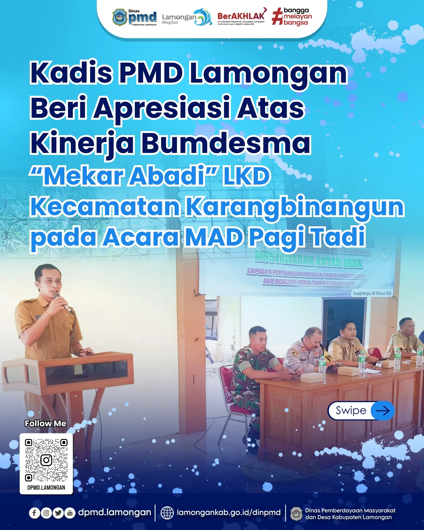 KADIS PMD LAMONGAN BERI APRESIASI ATAS KINERJA BUMDESMA “MEKAR ABADI” LKD KECAMATAN KARANGBINANGUN PADA ACARA MAD PAGI TADI