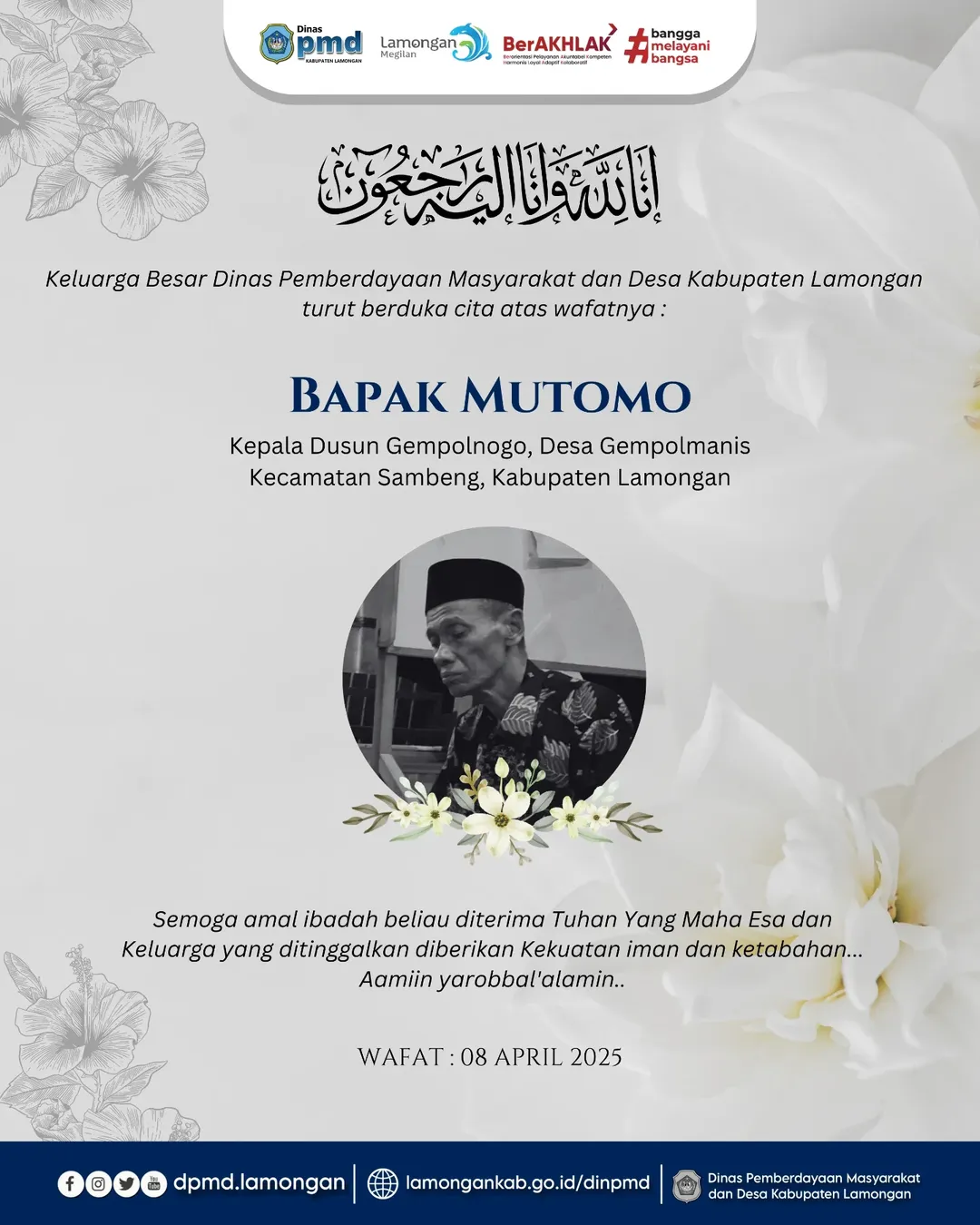 Segenap Keluarga Besar Dinas Pemberdayaan Masyarakat dan Desa Kabupaten Lamongan Turut Berduka Cita atas Wafatnya Bapak MUTOMO
