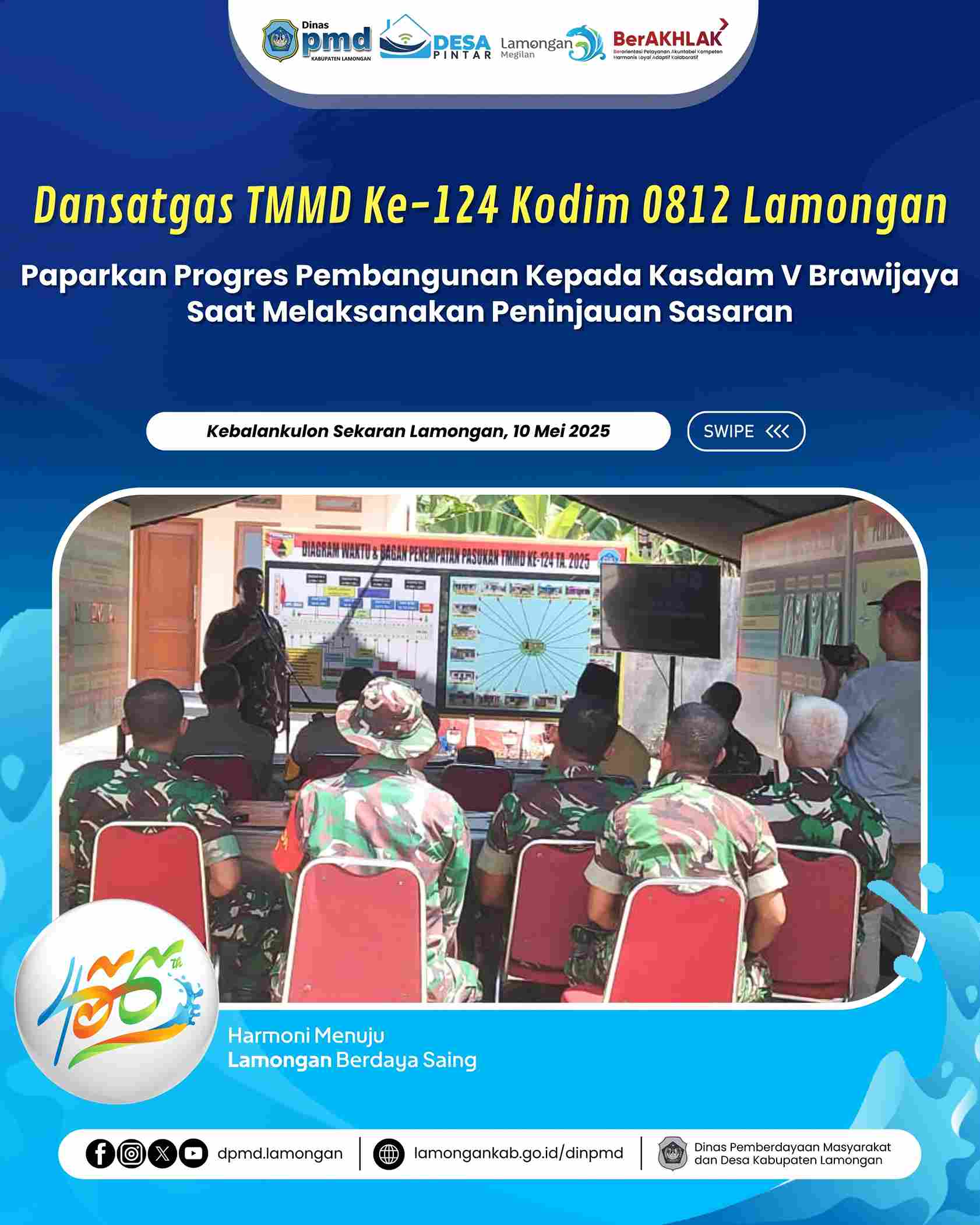DANSATGAS TMMD KE-124 KODIM 0812 LAMONGAN PAPARKAN PROGRES PEMBANGUNAN KEPADA KASDAM V BRAWIJAYA SAAT MELAKSANAKAN PENINJAUAN SASARAN