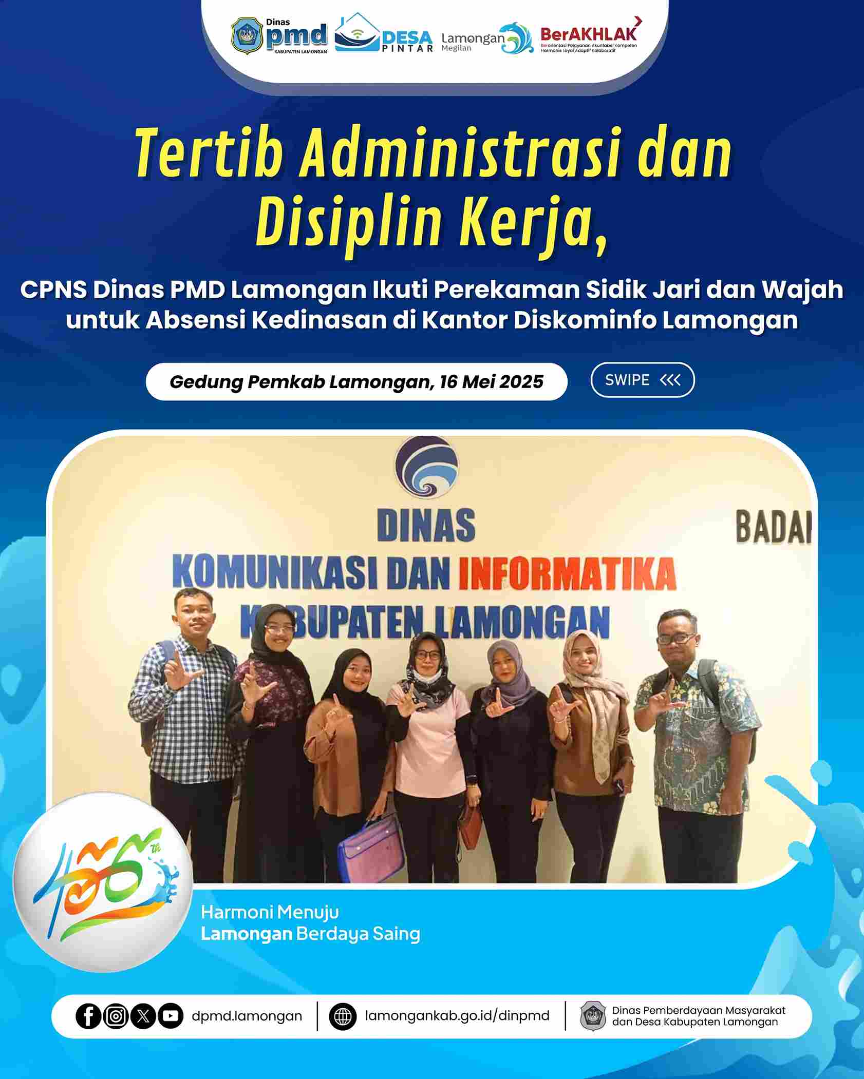 TERTIB ADMINISTRASI DAN DISIPLIN KERJA, CPNS DINAS PMD LAMONGAN IKUTI PEREKAMAN SIDIK JARI DAN WAJAH UNTUK ABSENSI KEDINASAN DI KANTOR DISKOMINFO LAMONGAN