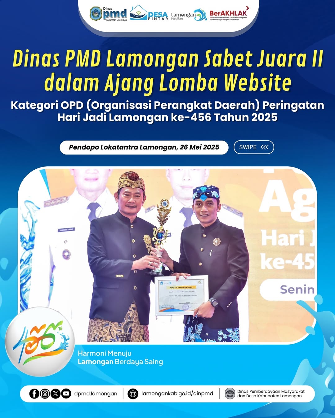 Foto: DINAS PMD LAMONGAN SABET JUARA II DALAM AJANG LOMBA WEBSITE KATEGORI OPD (ORGANISASI PERANGKAT DAERAH) PERINGATAN HARI JADI LAMONGAN KE-456 TAHUN 2025