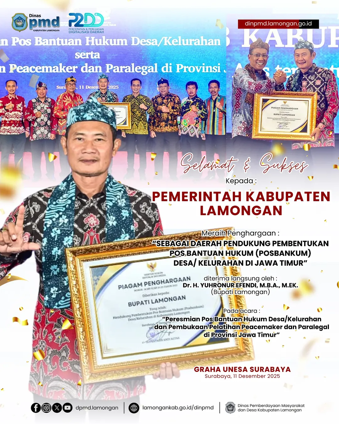 Foto: SELAMAT DAN SUKSES KEPADA PEMERINTAH KABUPATEN LAMONGAN ATAS DITERIMANYA PENGHARGAAN SEBAGAI PEMDUKUNG PEMBENTUKAN POS BANTUAN HUKUM DESA/KELURAHAN DI JAWA TIMUR