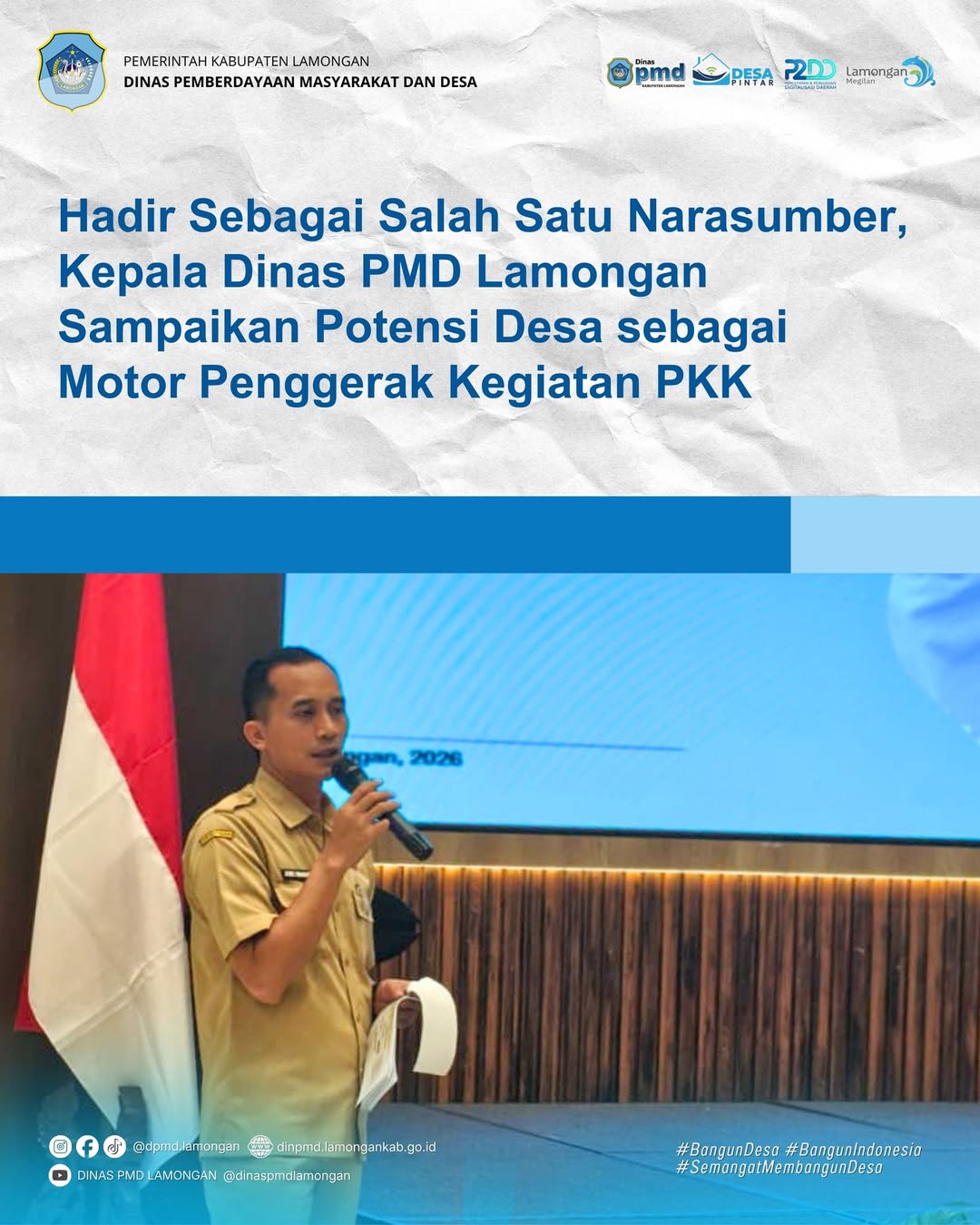 Foto: HADIR SEBAGAI SALAH SATU NARASUMBER, KEPALA DINAS PMD LAMONGAN SAMPAIKAN POTENSI DESA SEBAGAI MOTOR PENGGERAK KEGIATAN PKK