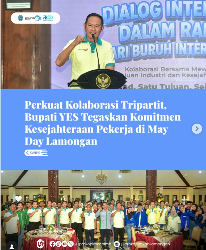 Foto: PERKUAT KOLABORASI TRIPARTIT, BUPATI YES TEGASKAN KOMITMEN KESEJAHTERAAN PEKERJA DI MAY DAY LAMONGAN