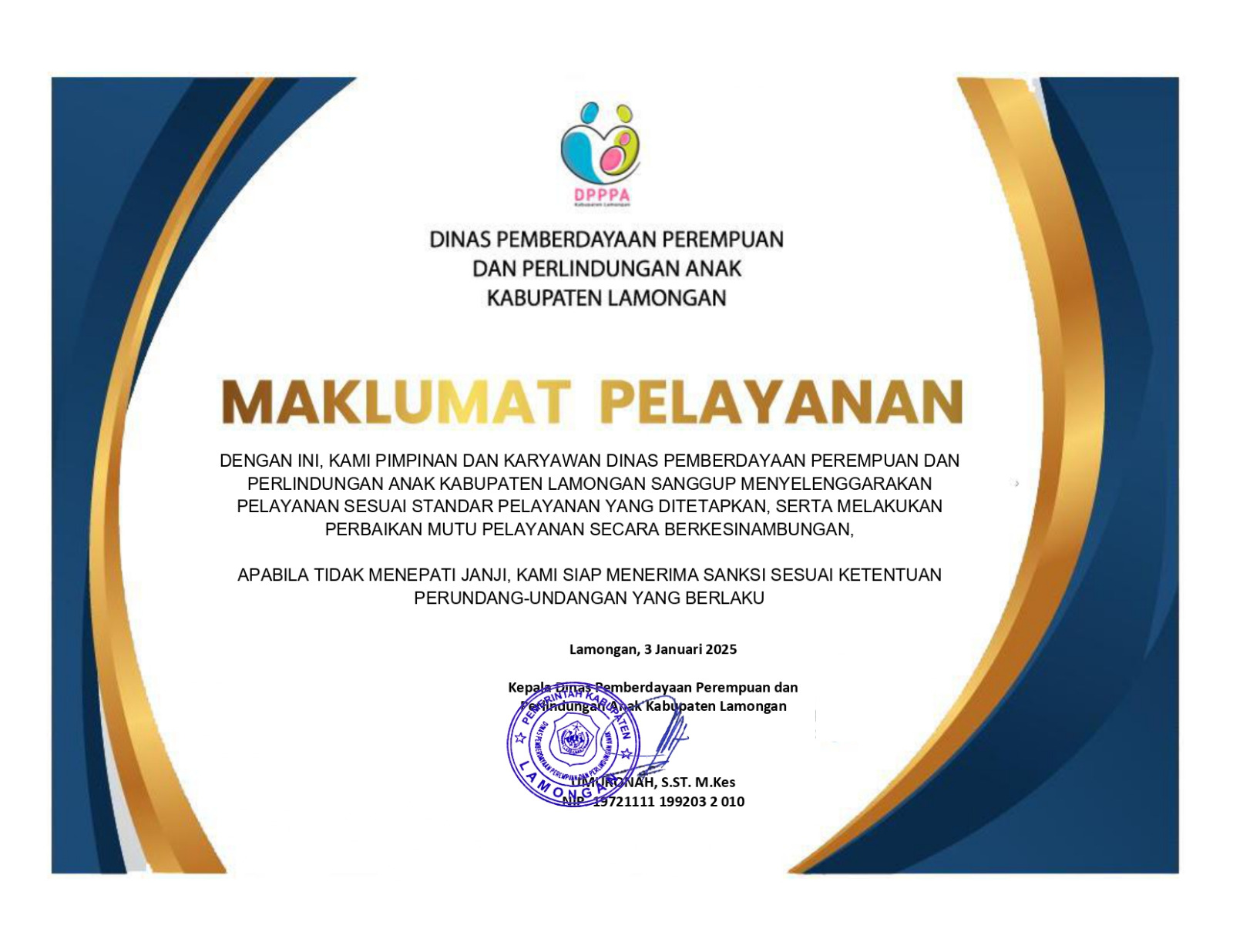 Foto: Maklumat Pelayanan Dinas Pemberdayaan Perempuan dan Perlindungan Anak Kabupaten Lamongan