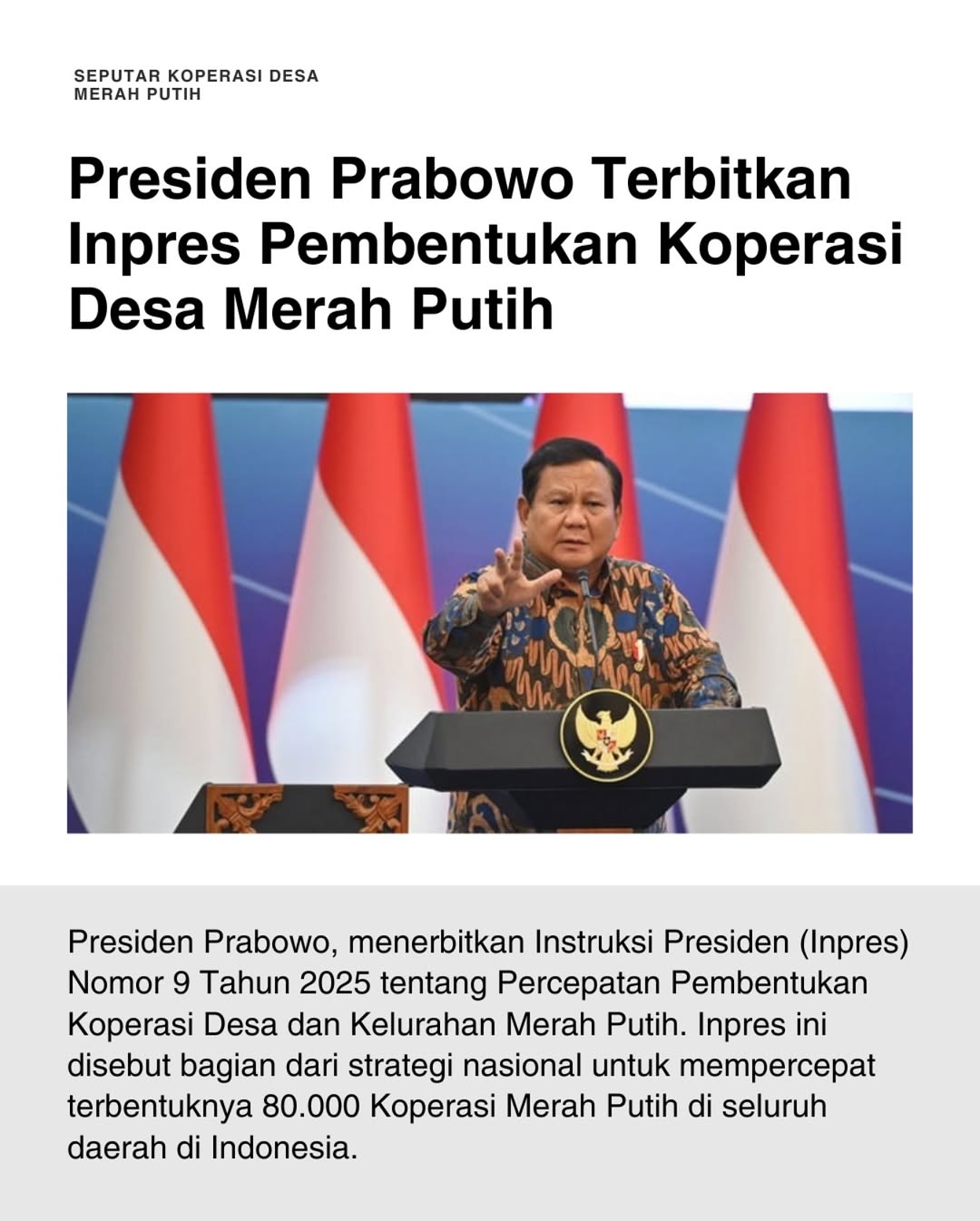 Presiden Prabowo Terbitkan Inpres Pembentukan Koperasi Desa Merah Putih