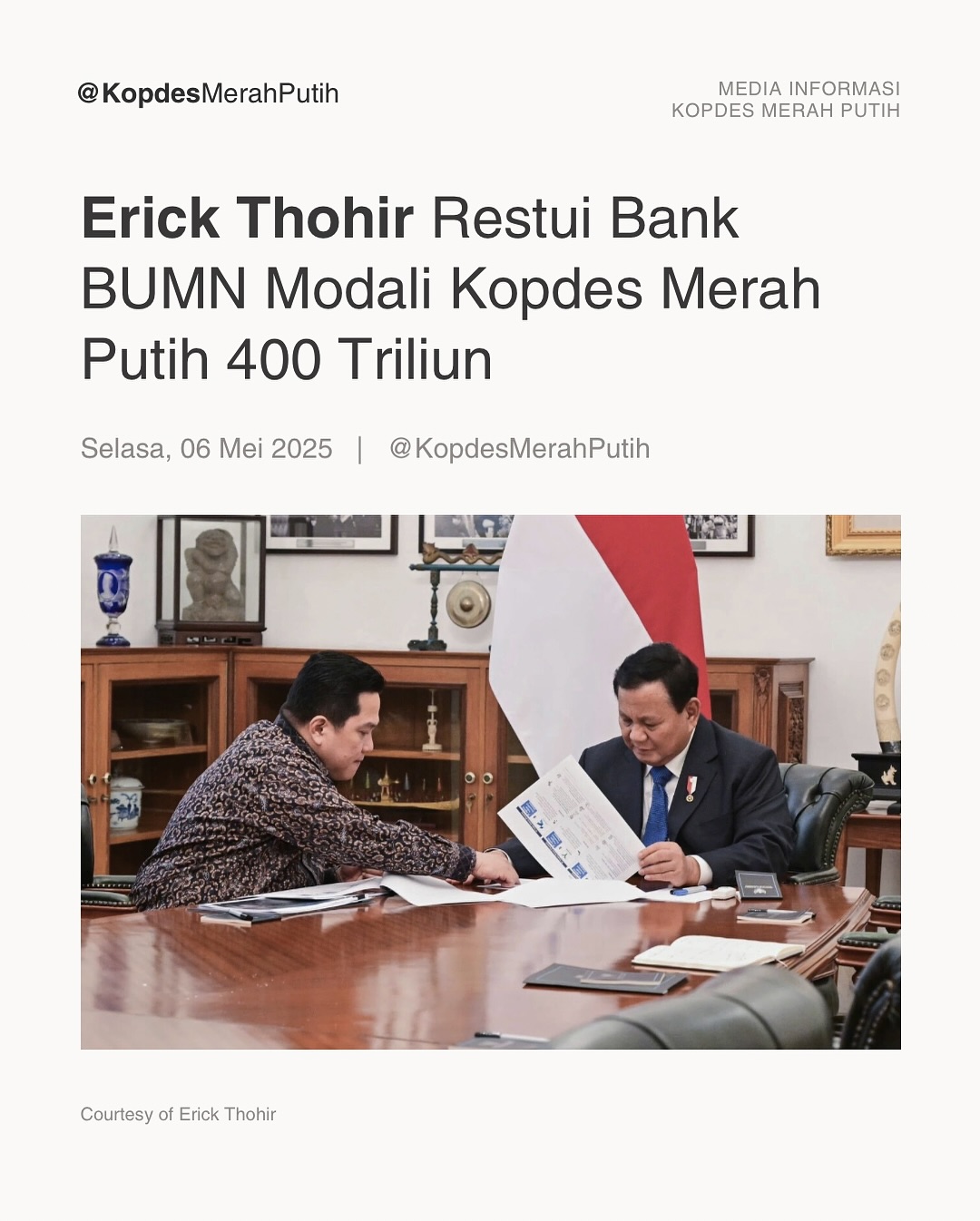 Erick Thohir Restui Bank BUMN Modali Kopdes Merah Putih 400 Triliun