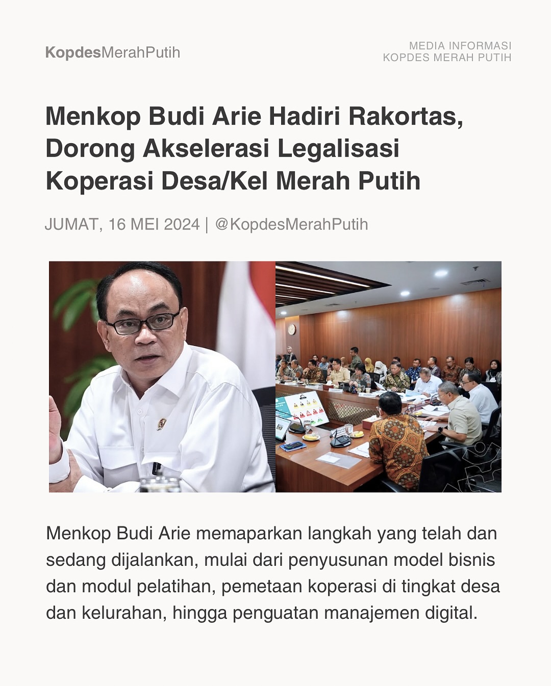 Menkop Budi Arie Hadiri Rakortas, dorong akselerasi legalisasi Kopdes Merah Putih