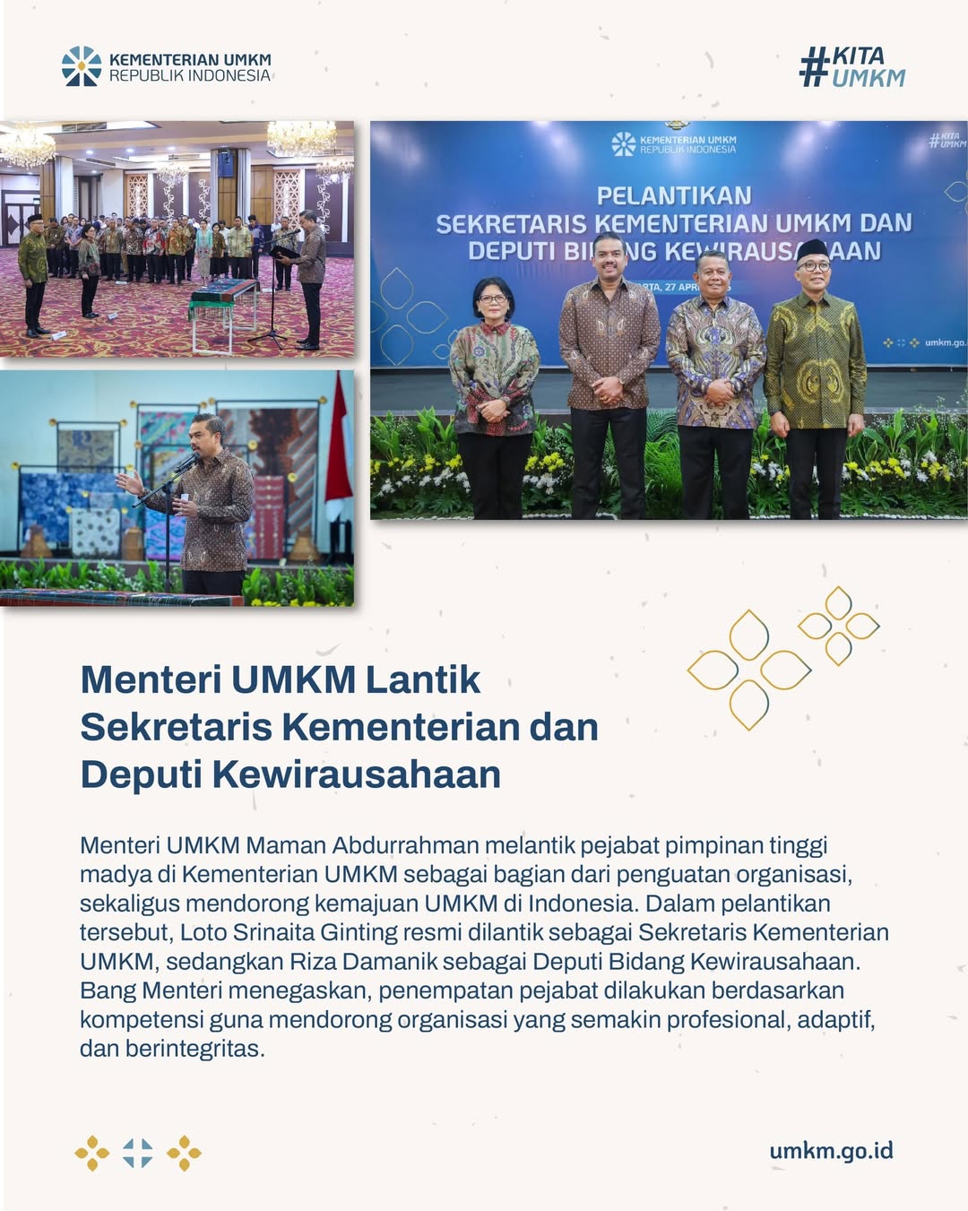 Foto: Menteri UMKM Lantik Sekretaris Kementerian dan Deputi Kewirausahaan