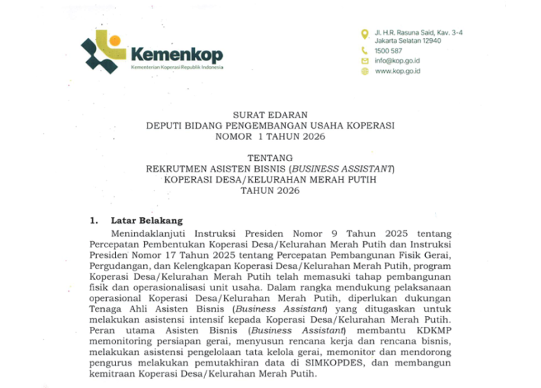 Foto: Rekrutmen Asisten Bisnis Koperasi Desa/ Kelurahan Merah Putih Tahun 2026