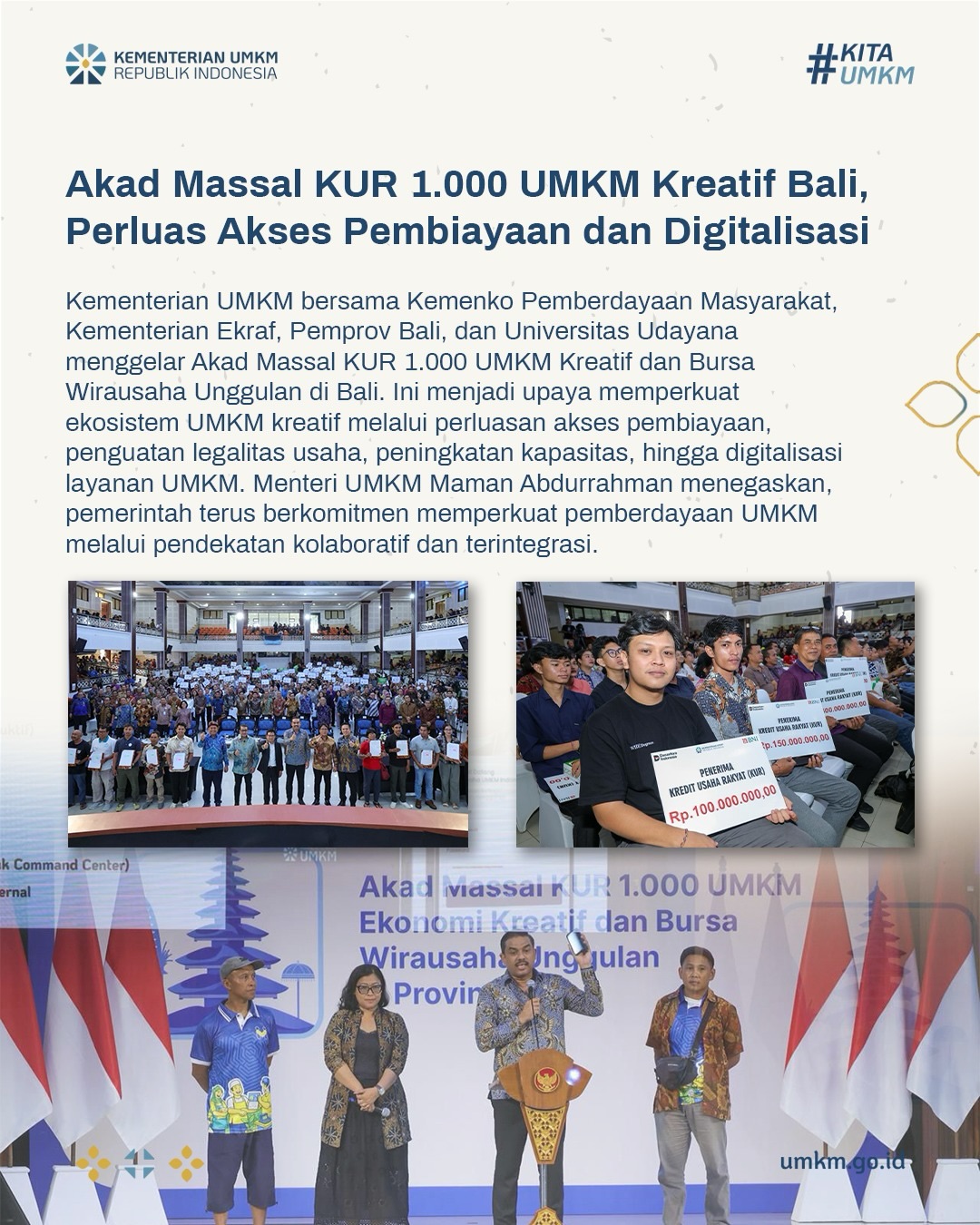 Foto: Akad Massal KUR 1.000 UMKM Kreatif Bali, Perluas Akses Pembiayaan dan Digitalisasi