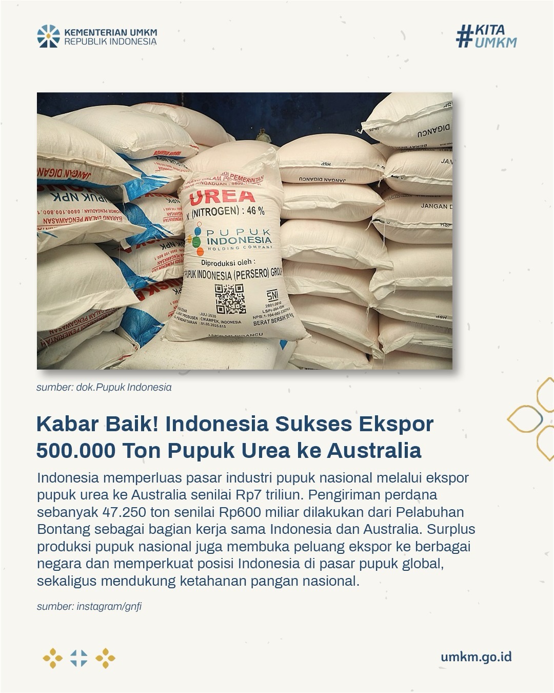 Foto: Kabar Baik! Indonesia Sukses Ekspor 500.000 Ton Urea ke Australia