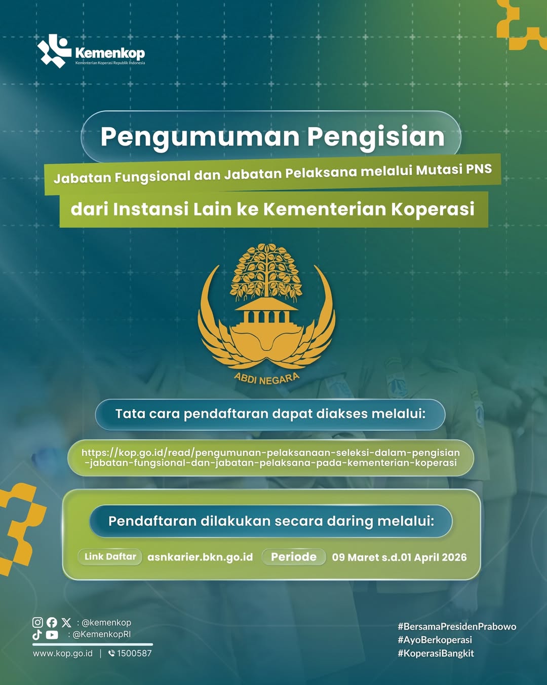 Foto: Jabatan Fungsional dan Jabatan Pelaksana melalui Mutasi PNS dari Instansi Lain ke Kementerian Koperasi kini kembali dibuka