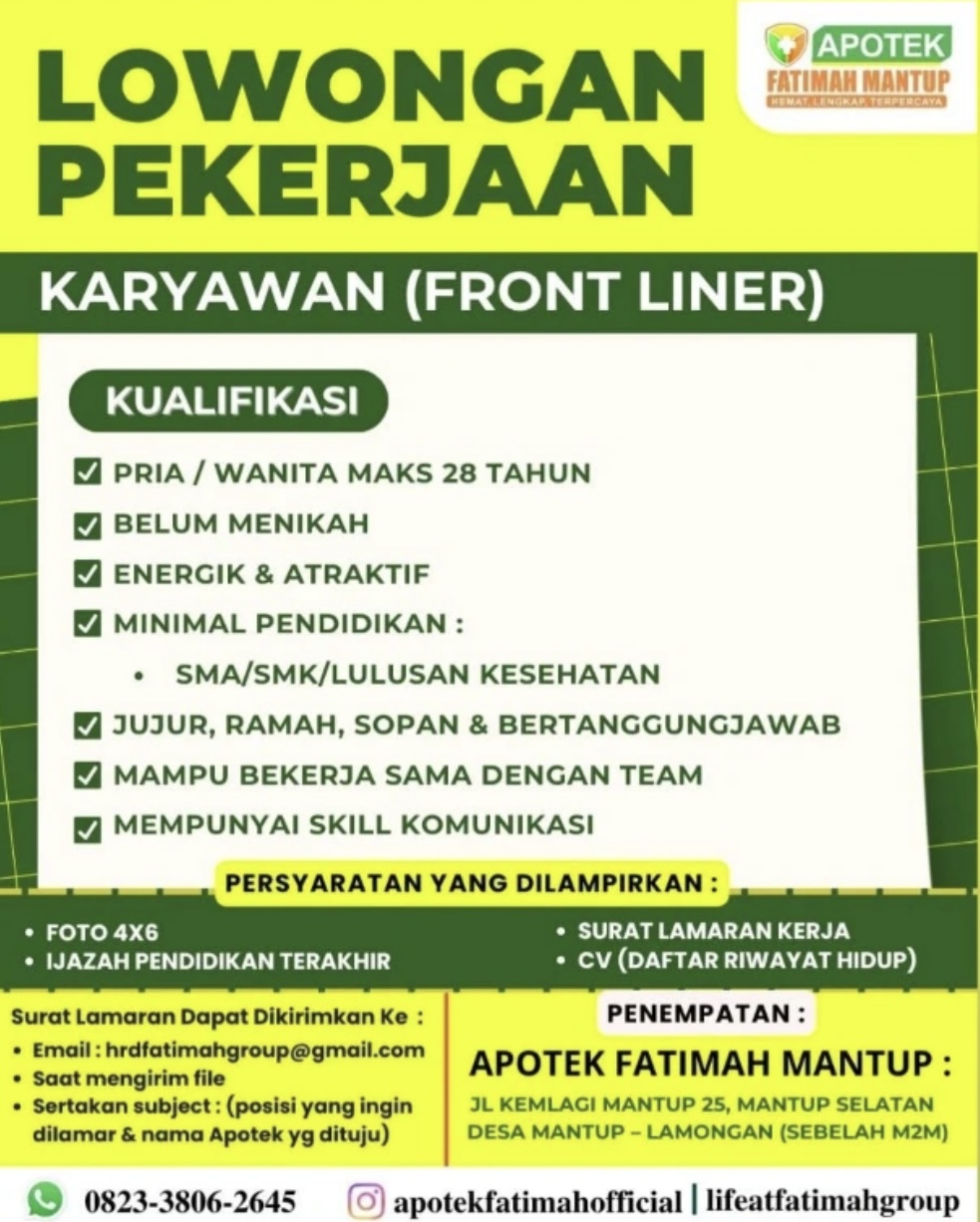 Foto: LOKER APOTEK FATIMAH MANTUP