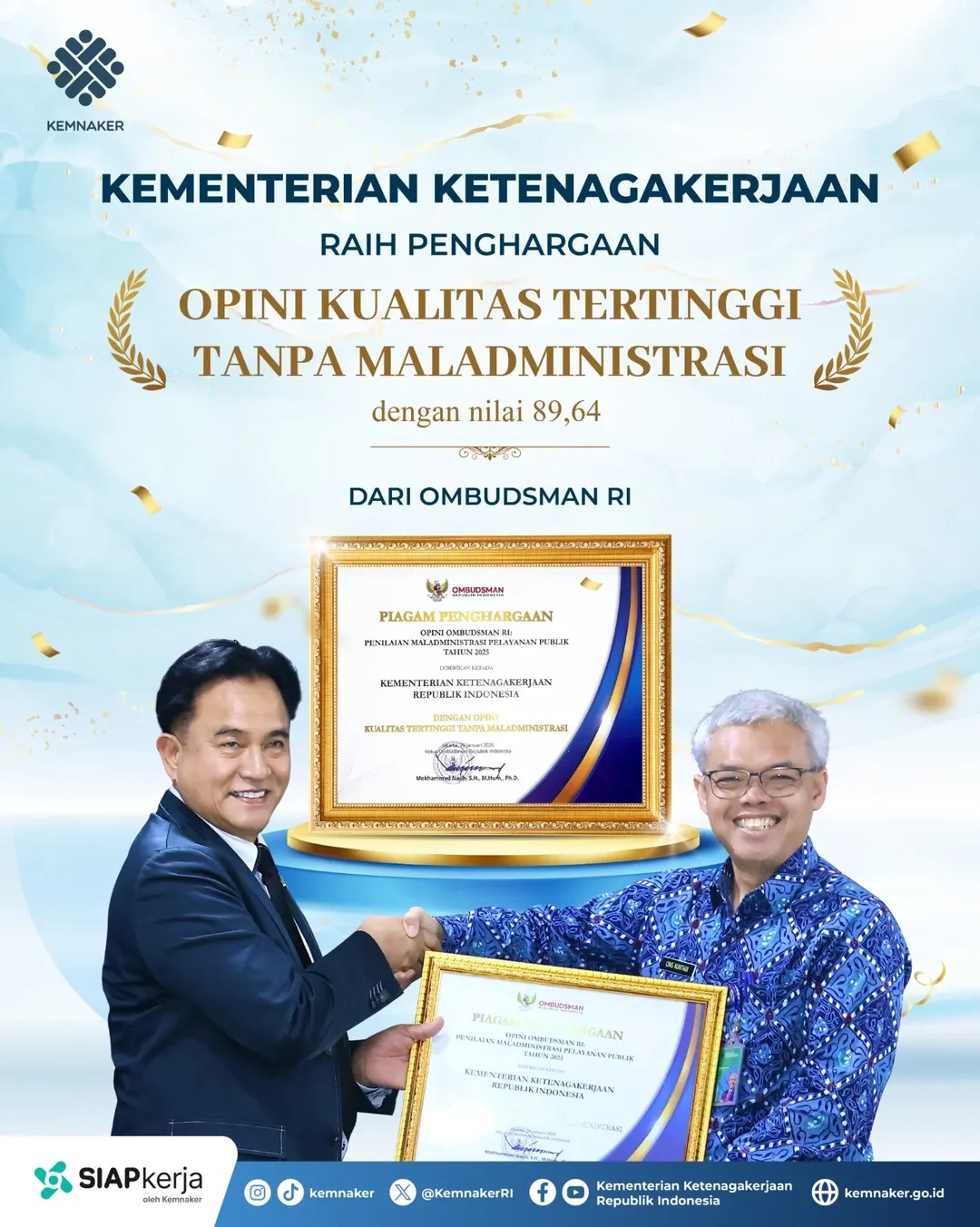 Foto: KEMNAKER RAIH PENGHARGAAN OPINI KUALITAS TERTINGGI TANPA MALADMINISTRASI