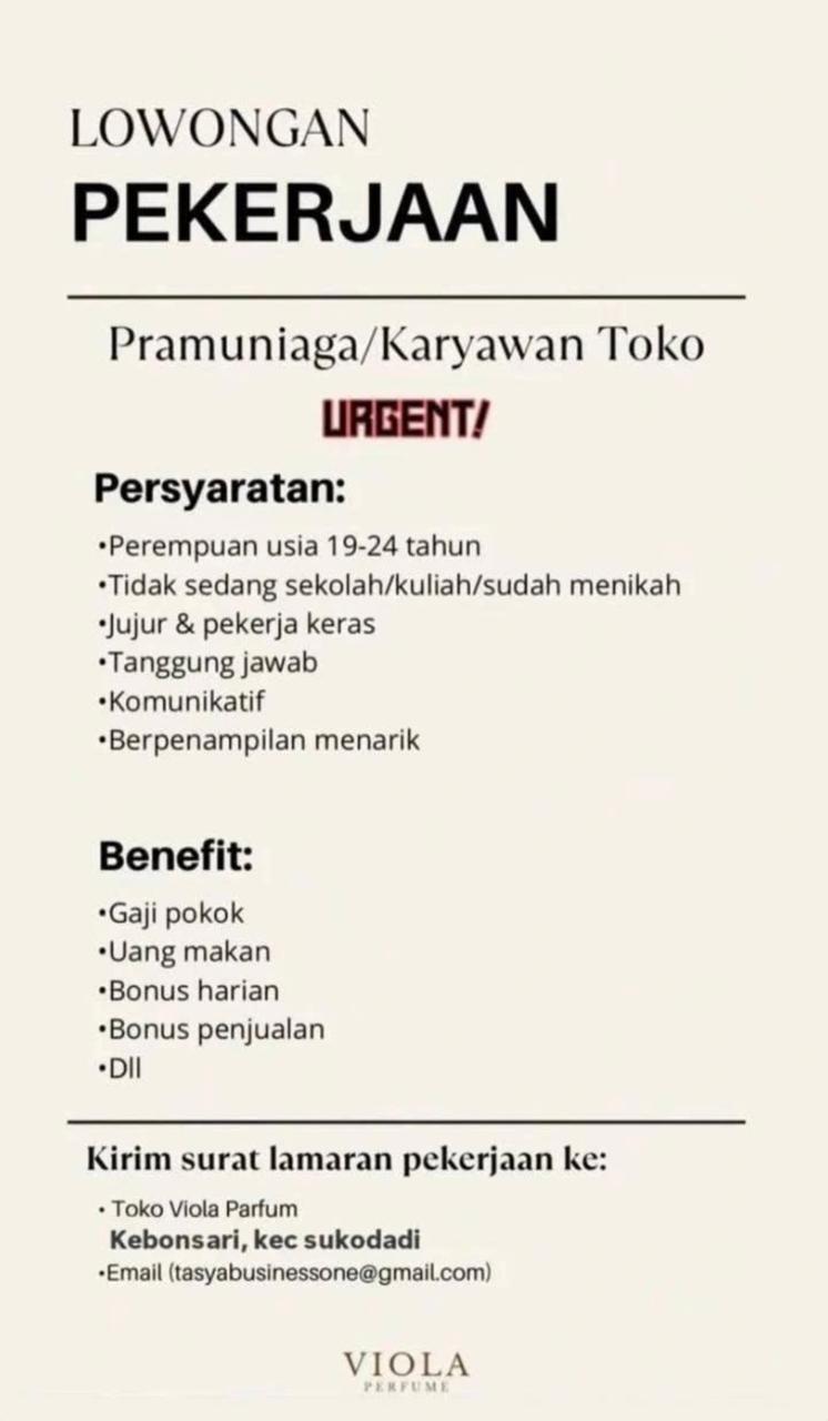 Foto: LOKER VIOLA PARFUM SUKODADI