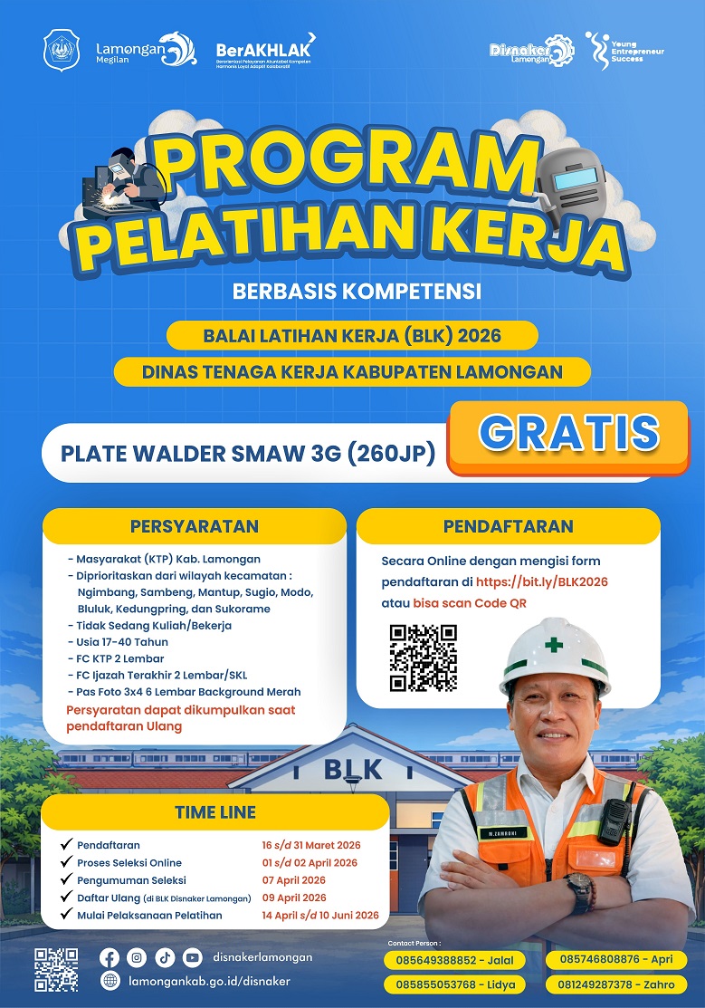 Foto: Program Pelatihan Kerja Berbasis Kompetensi – Plate Welder SMAW 3G dari BLK Dinas Tenaga Kerja Kabupaten Lamongan.