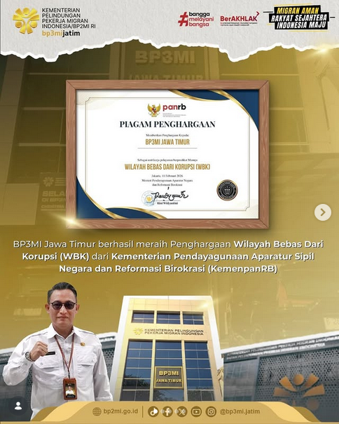 Foto: BP3MI BERHASIL MERAHIH PIAGAM PENGHARGAAN WILAYAH BEBAS DARI KORUPSI DARI KEMENPANRB