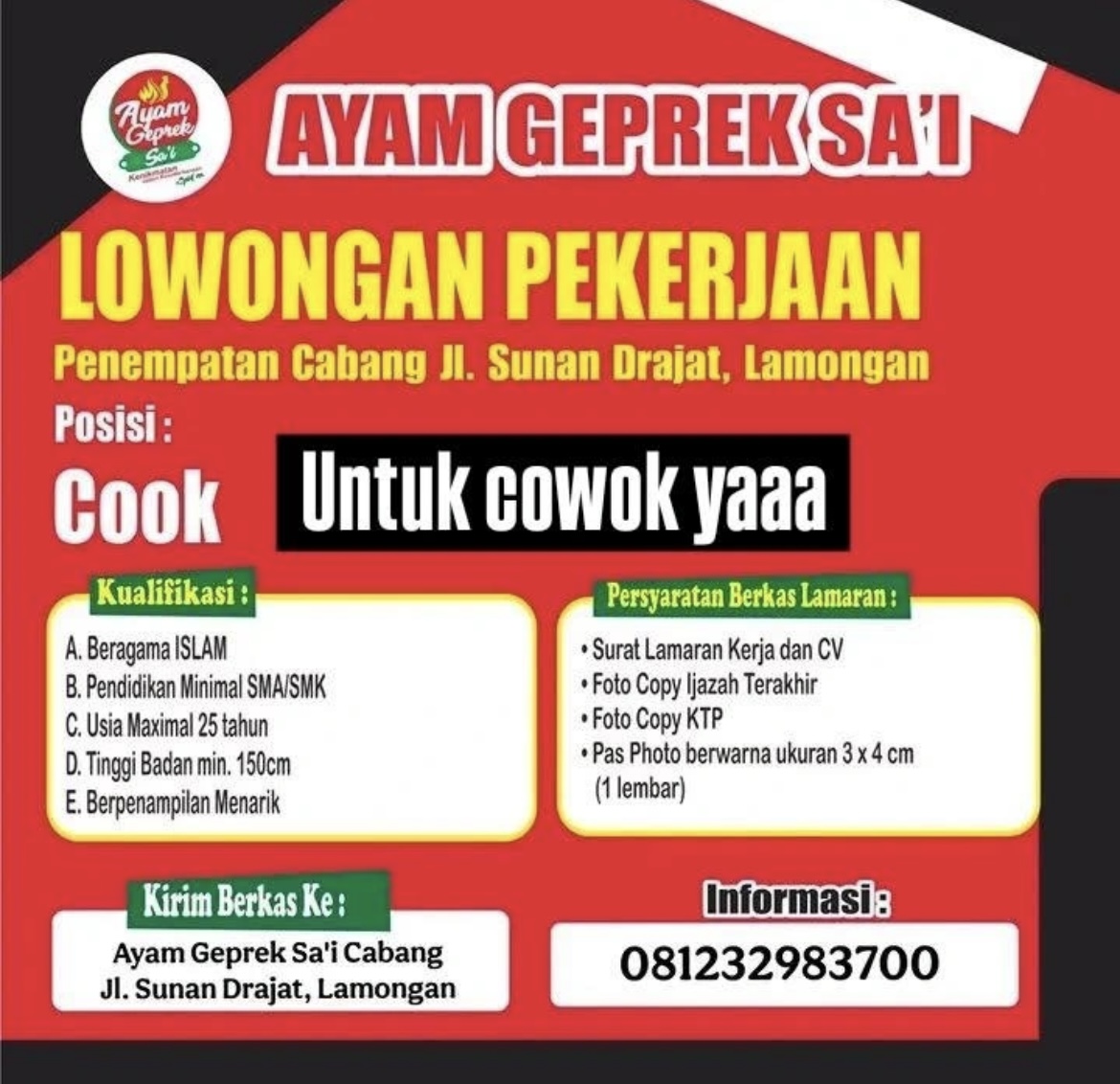 Foto: LOKER AYAM GEPREK SA'I