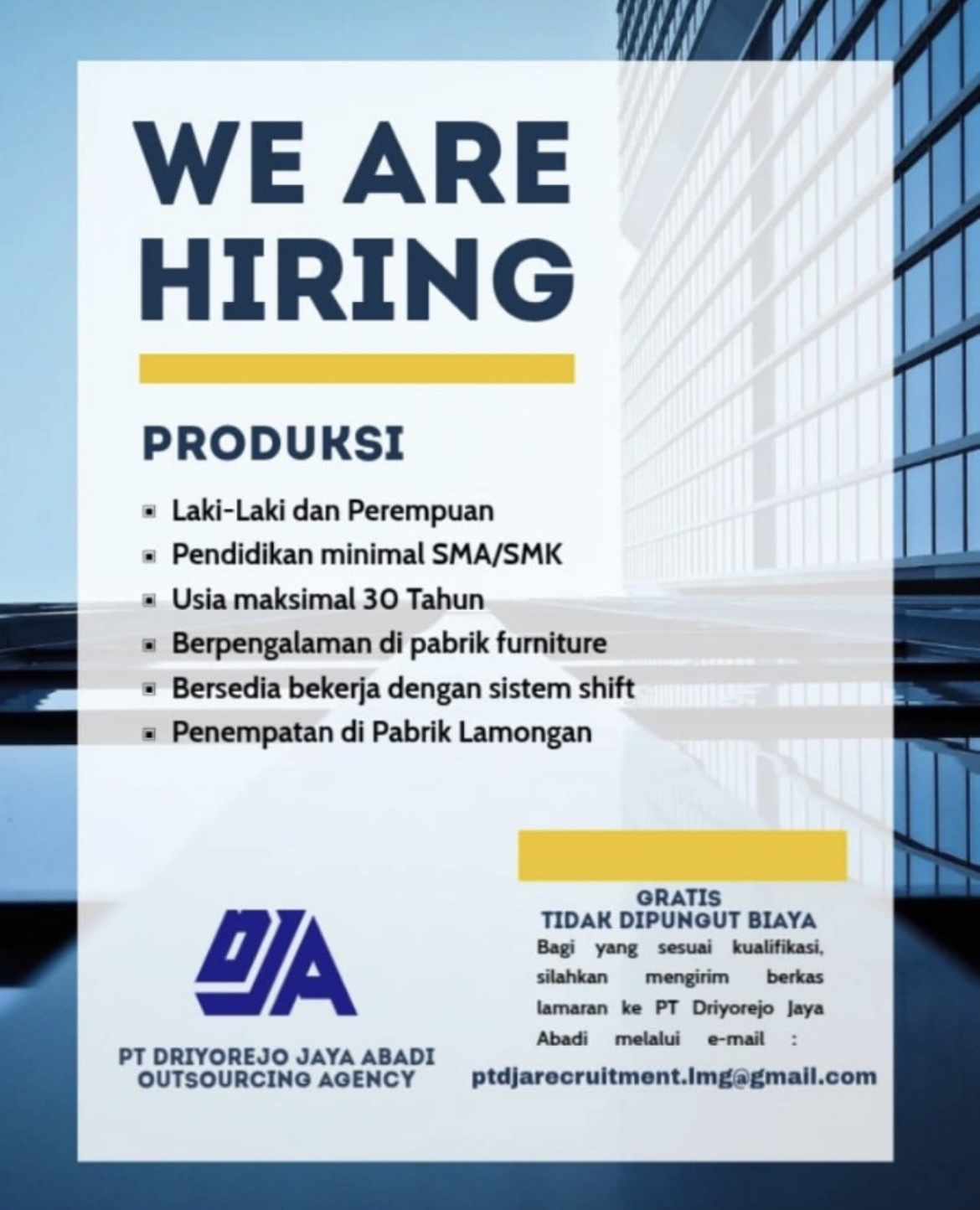 Foto: LOKER PT. DRIYOREJO JAYA ABADI OUTSOURCING AGENCY
