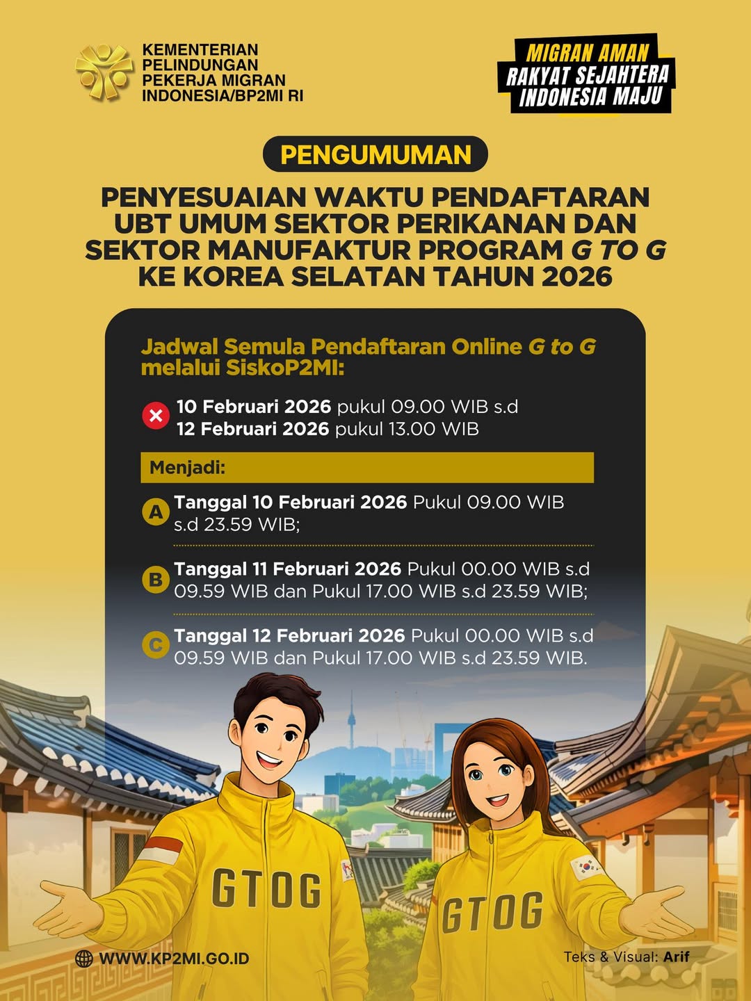 Foto: PENGUMUMAN PENYESUAIAN WAKTU PENDAFTARAN UBT UMUM SEKTOR PERIKANAN DAN SEKTOR MANUFAKTUR PROGRAM G TO G KE KOREA SELATAN TAHUN 2026