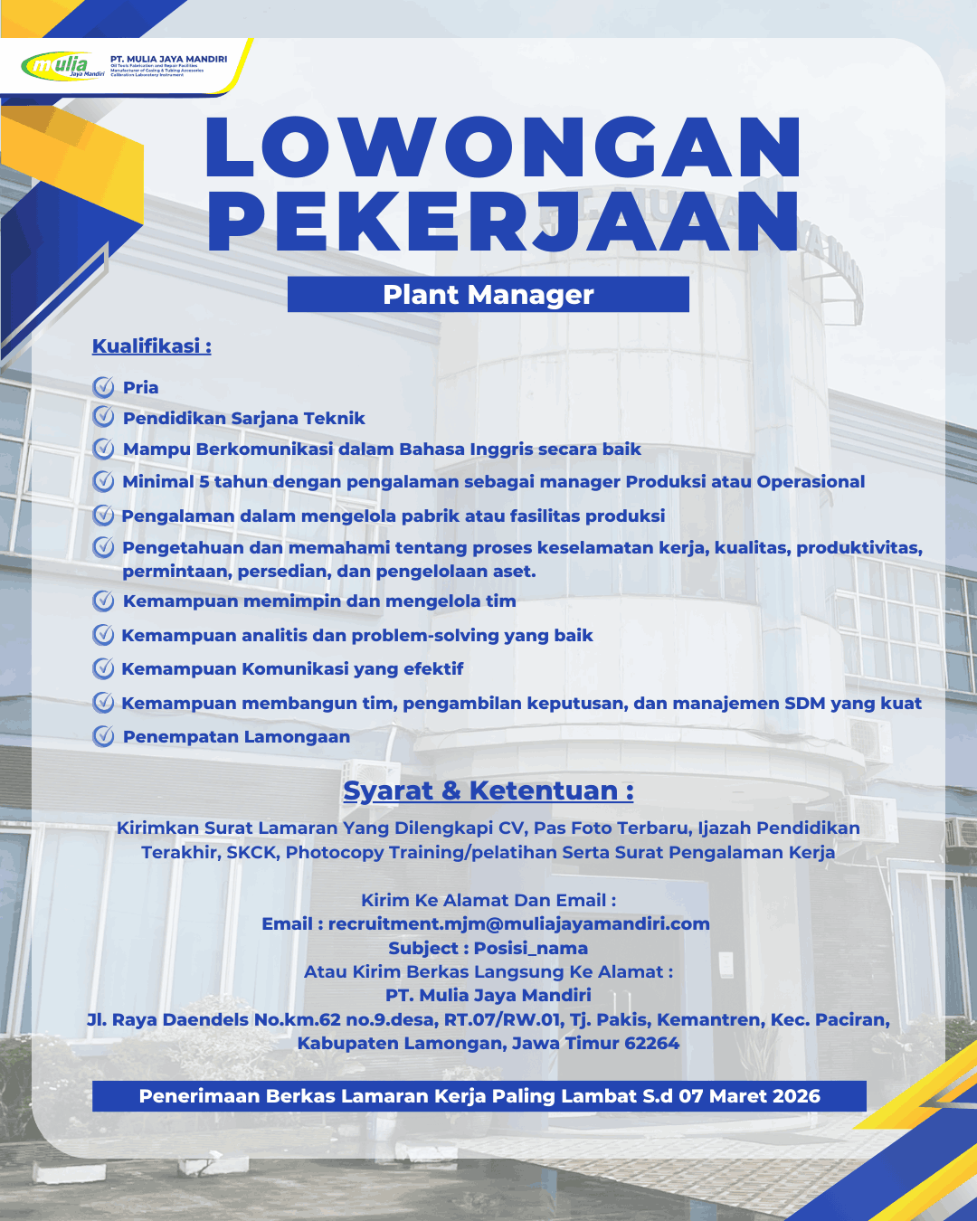 Foto: LOKER PT. MULIA JAYA MANDIRI