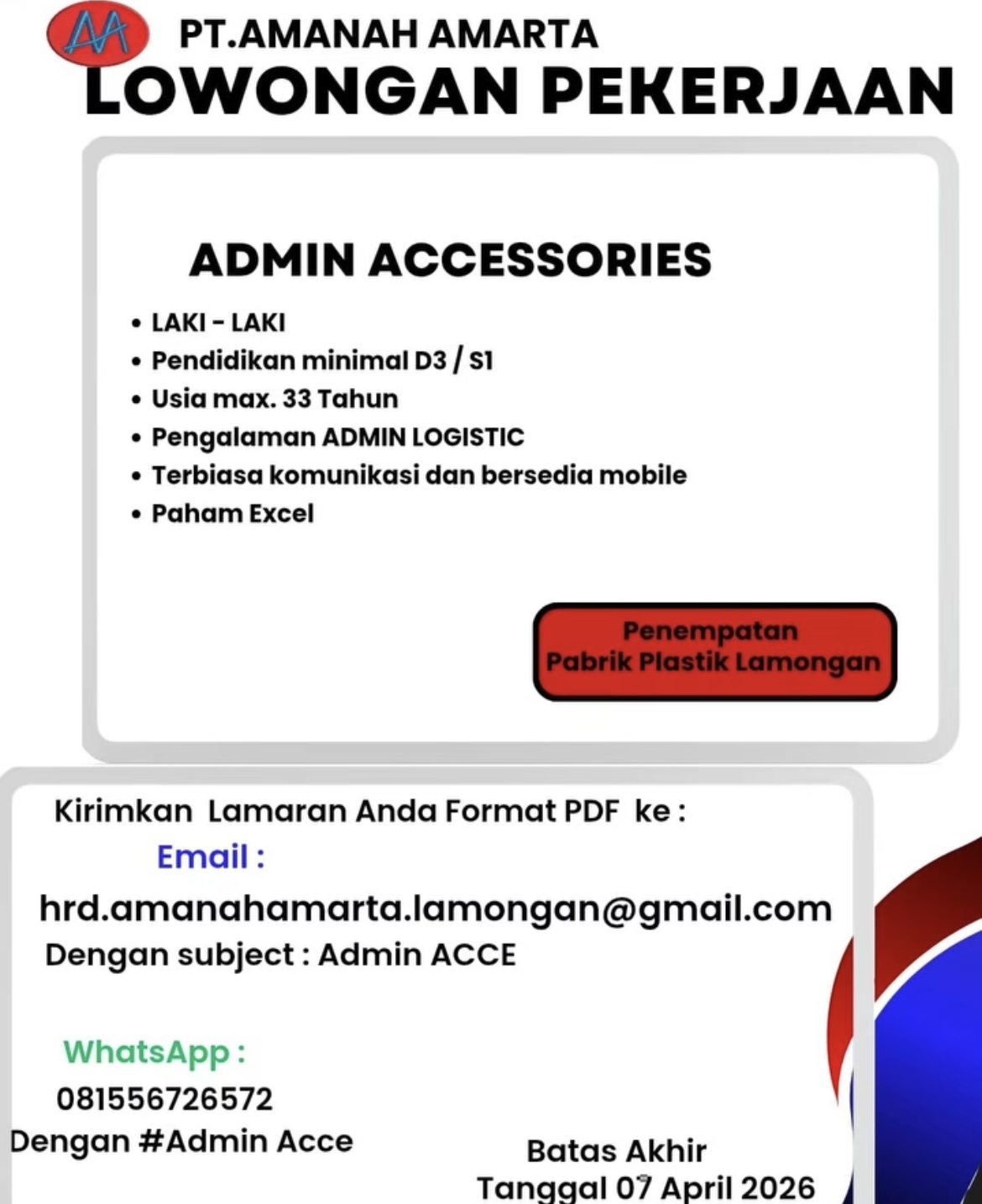 Foto: LOKER PT. AMANAH AMARTA