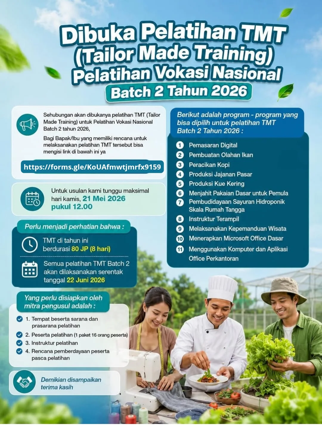 Foto: DIBUKA PELATIHAN TMT (TAILOR MADE TRAINING) PELATIHAN VOKASI NASIONAL BATCH 2 TAHUN 2026